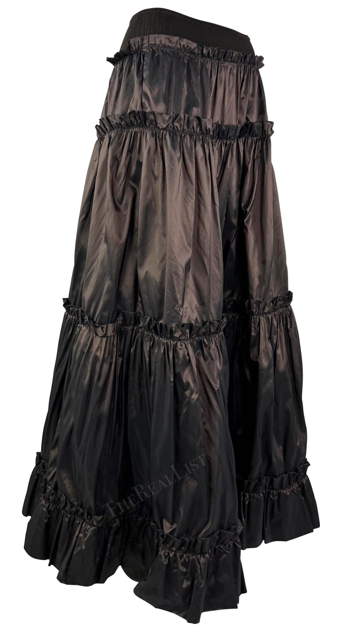 S/S 2005 Roberto Cavalli Brown Ruffle Silk Taffeta Maxi Flare Skirt - RealList