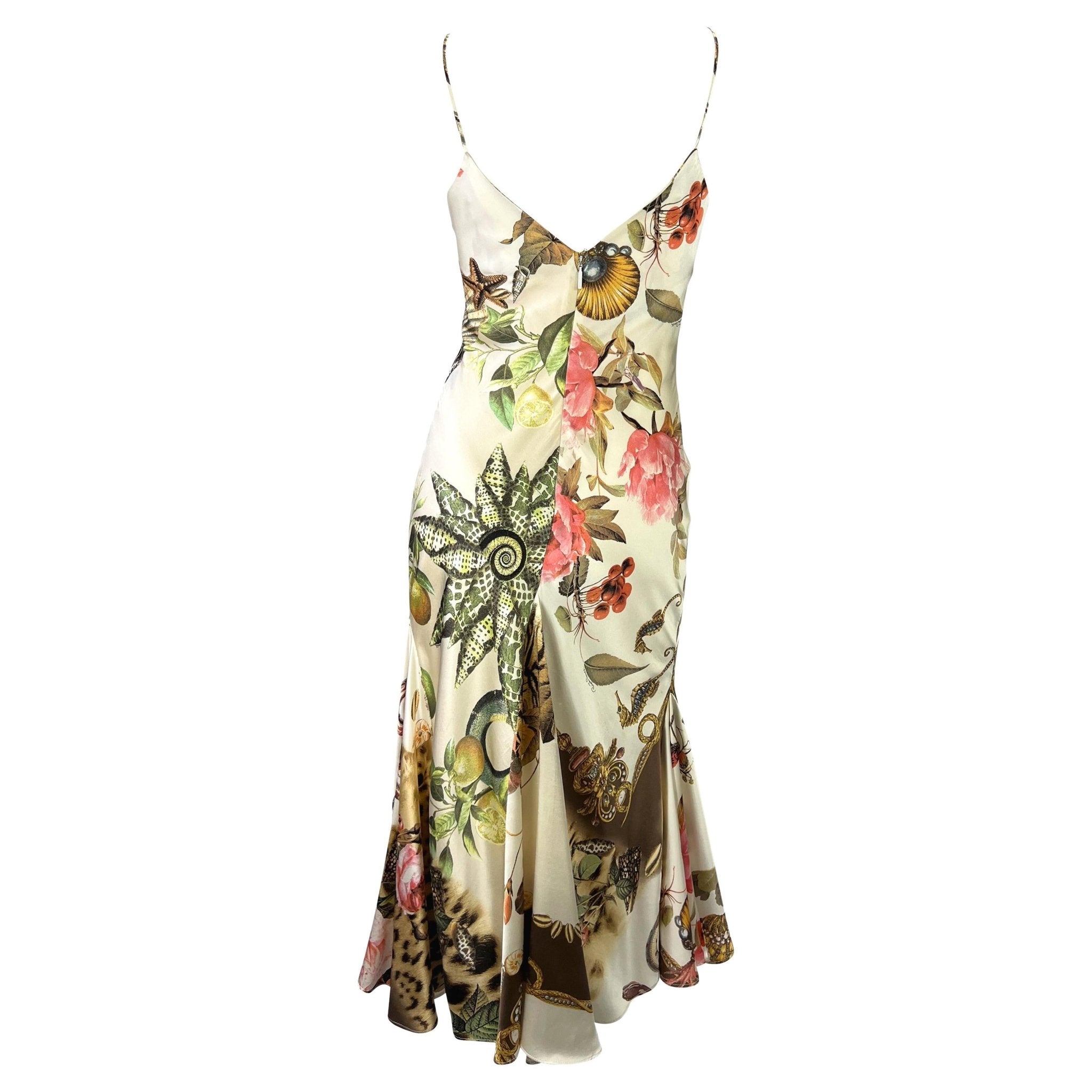 S/S 2005 Roberto Cavalli Silk Seashell Animal Print Cream Satin Slip Dress - RealList