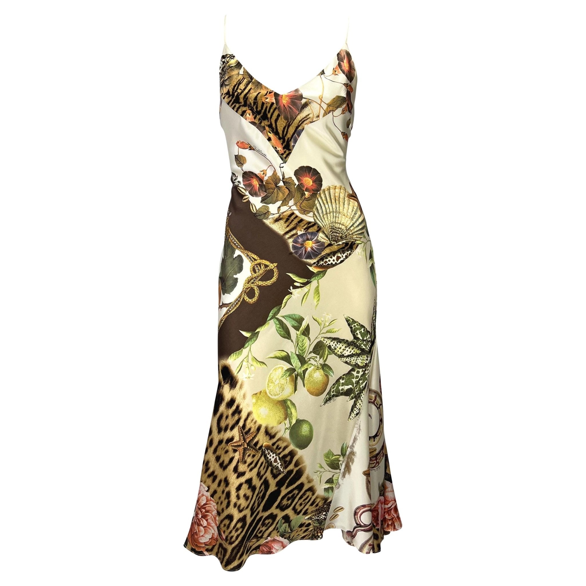 S/S 2005 Roberto Cavalli Silk Seashell Animal Print Cream Satin Slip Dress - RealList