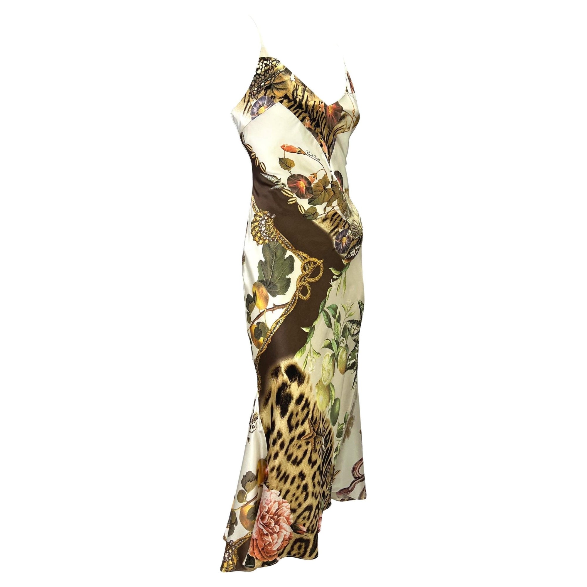 S/S 2005 Roberto Cavalli Silk Seashell Animal Print Cream Satin Slip Dress - RealList