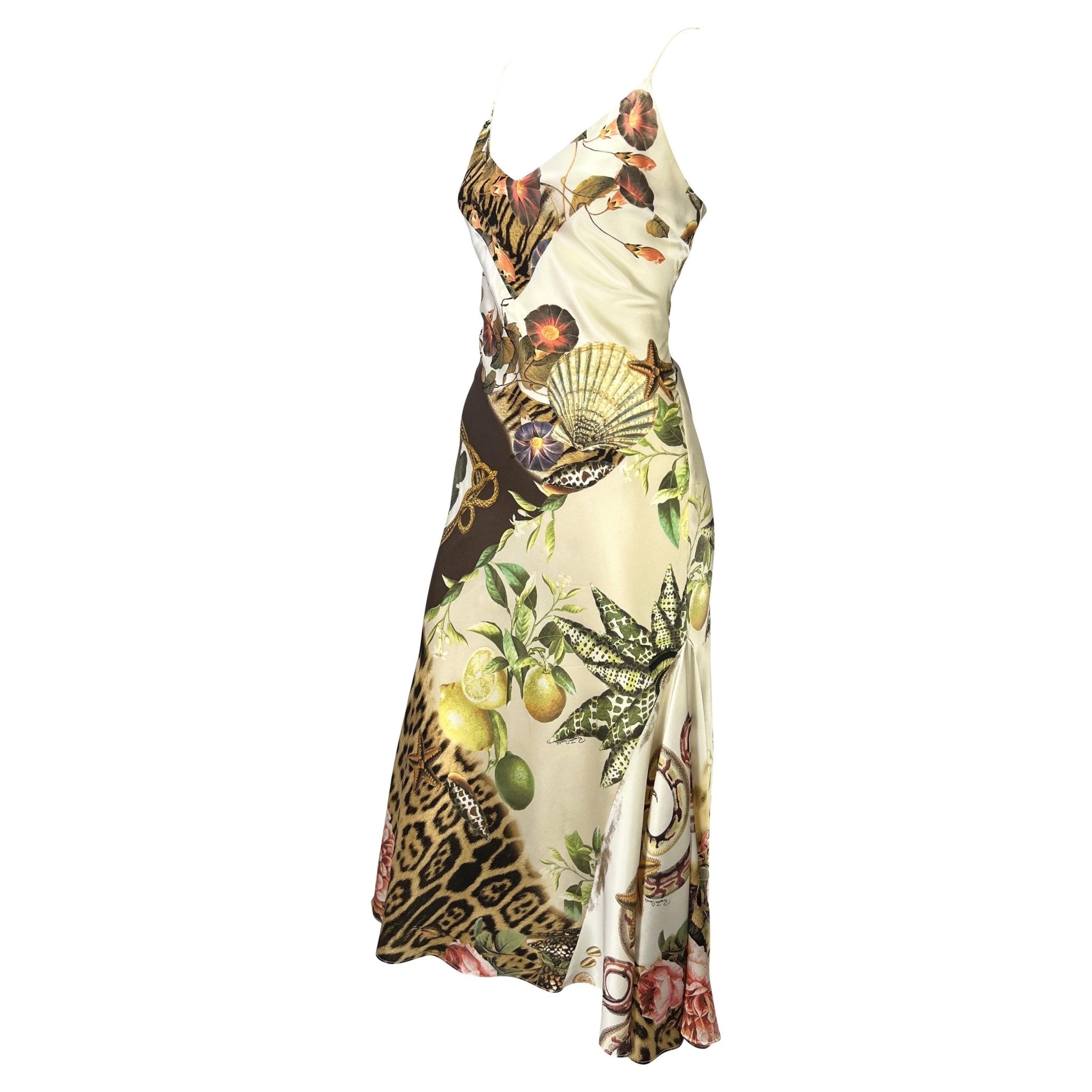 S/S 2005 Roberto Cavalli Silk Seashell Animal Print Cream Satin Slip Dress - RealList