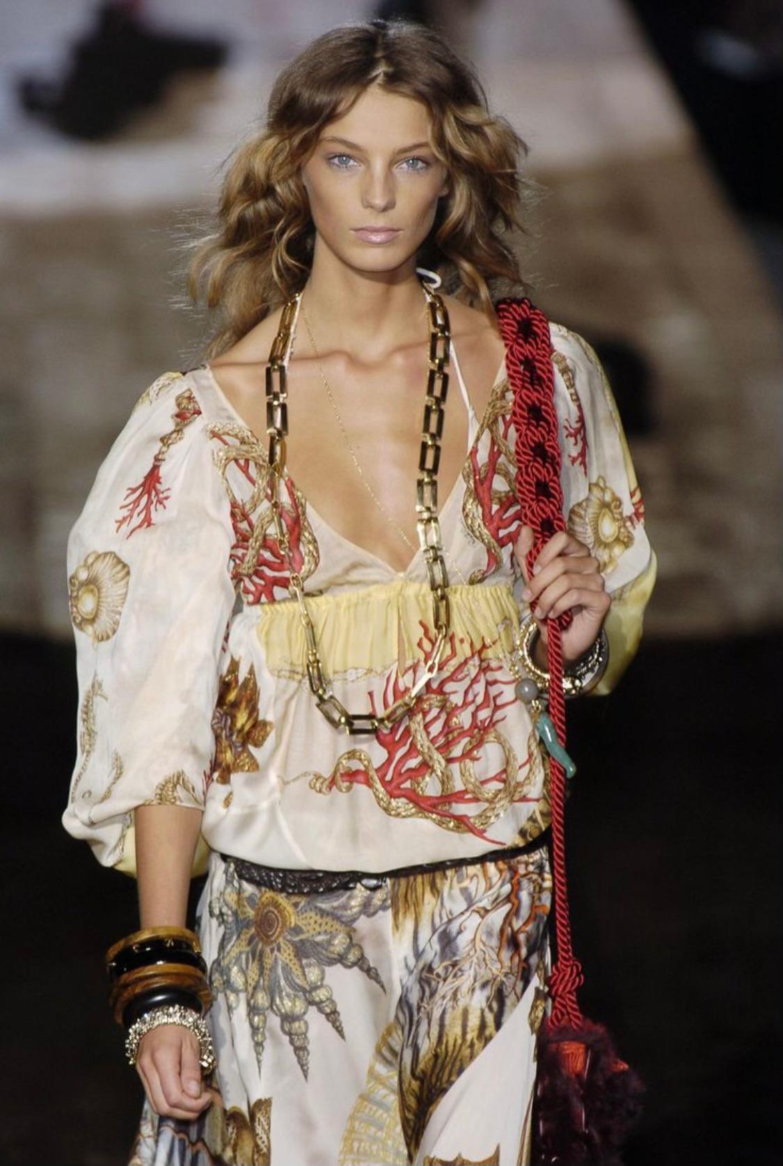 S/S 2005 Roberto Cavalli Silk Seashell Print Cream Satin Chiffon Maxi Dress - RealList