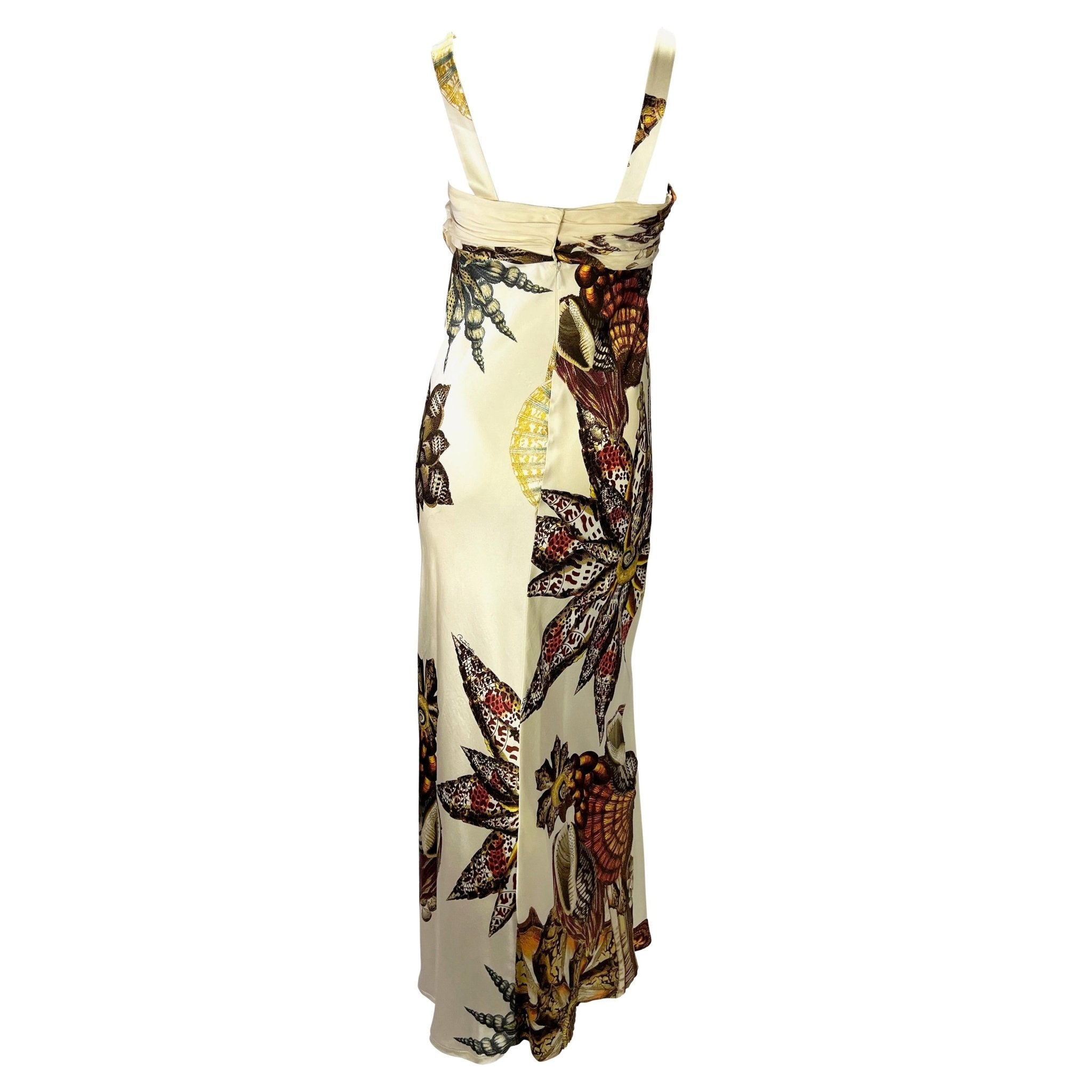 S/S 2005 Roberto Cavalli Silk Seashell Print Cream Satin Chiffon Maxi Dress - RealList