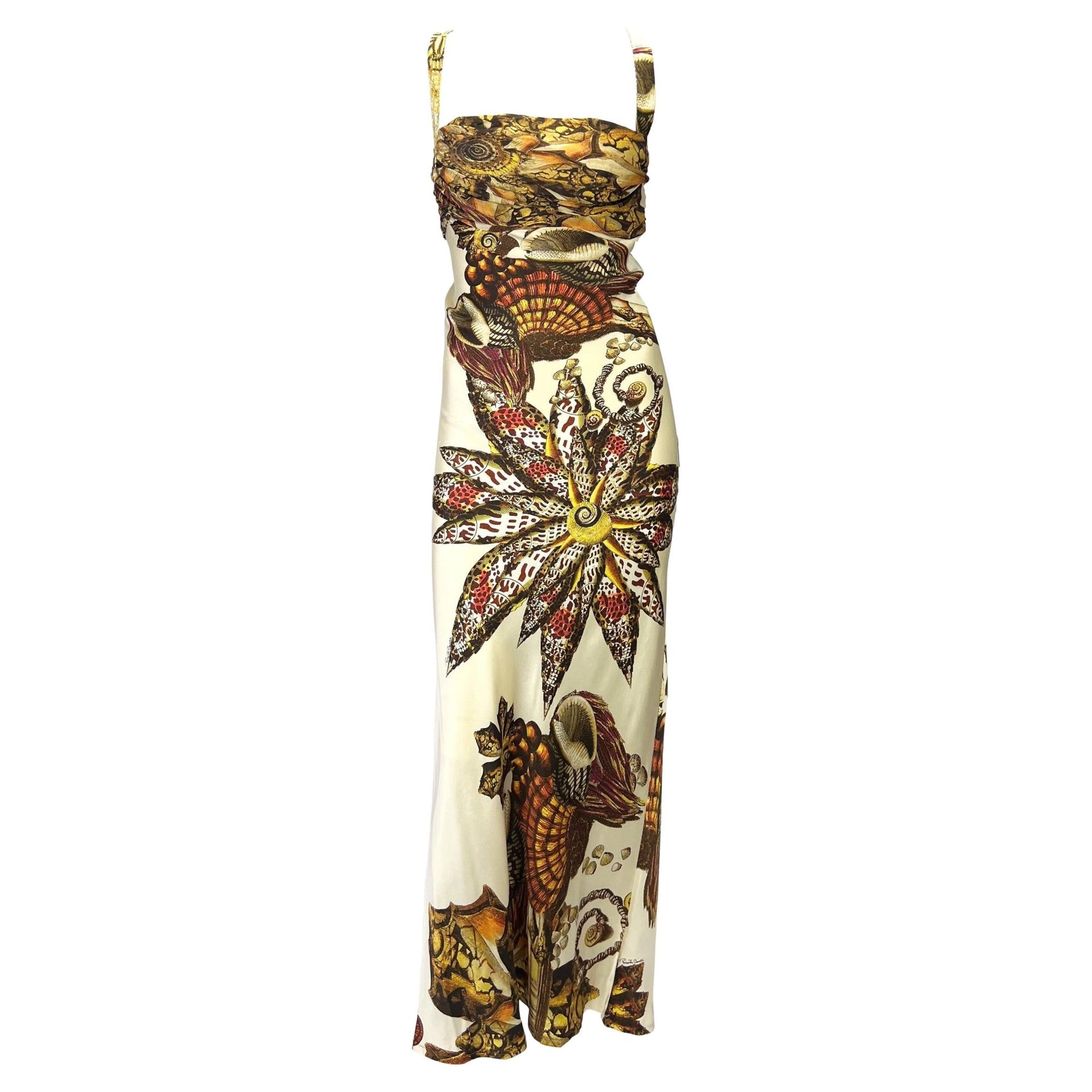 S/S 2005 Roberto Cavalli Silk Seashell Print Cream Satin Chiffon Maxi Dress - RealList