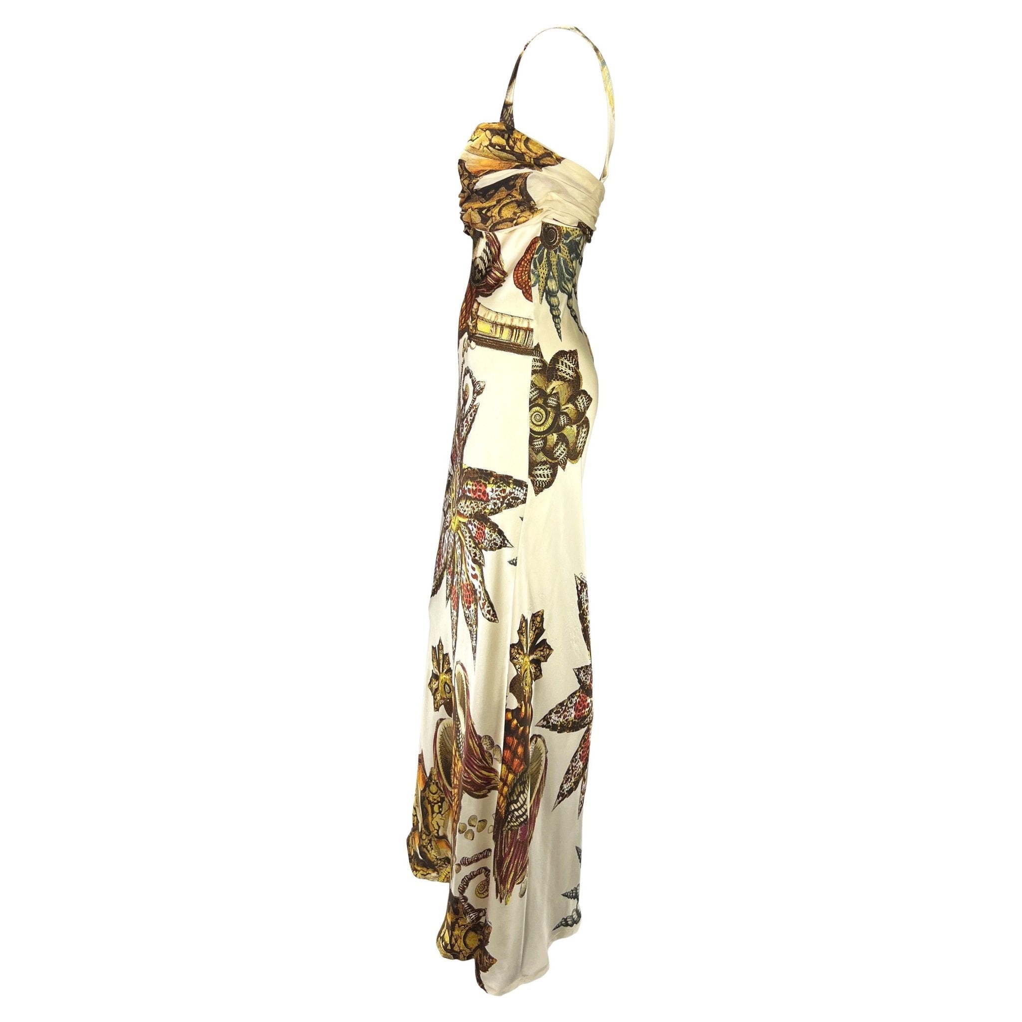 S/S 2005 Roberto Cavalli Silk Seashell Print Cream Satin Chiffon Maxi Dress - RealList