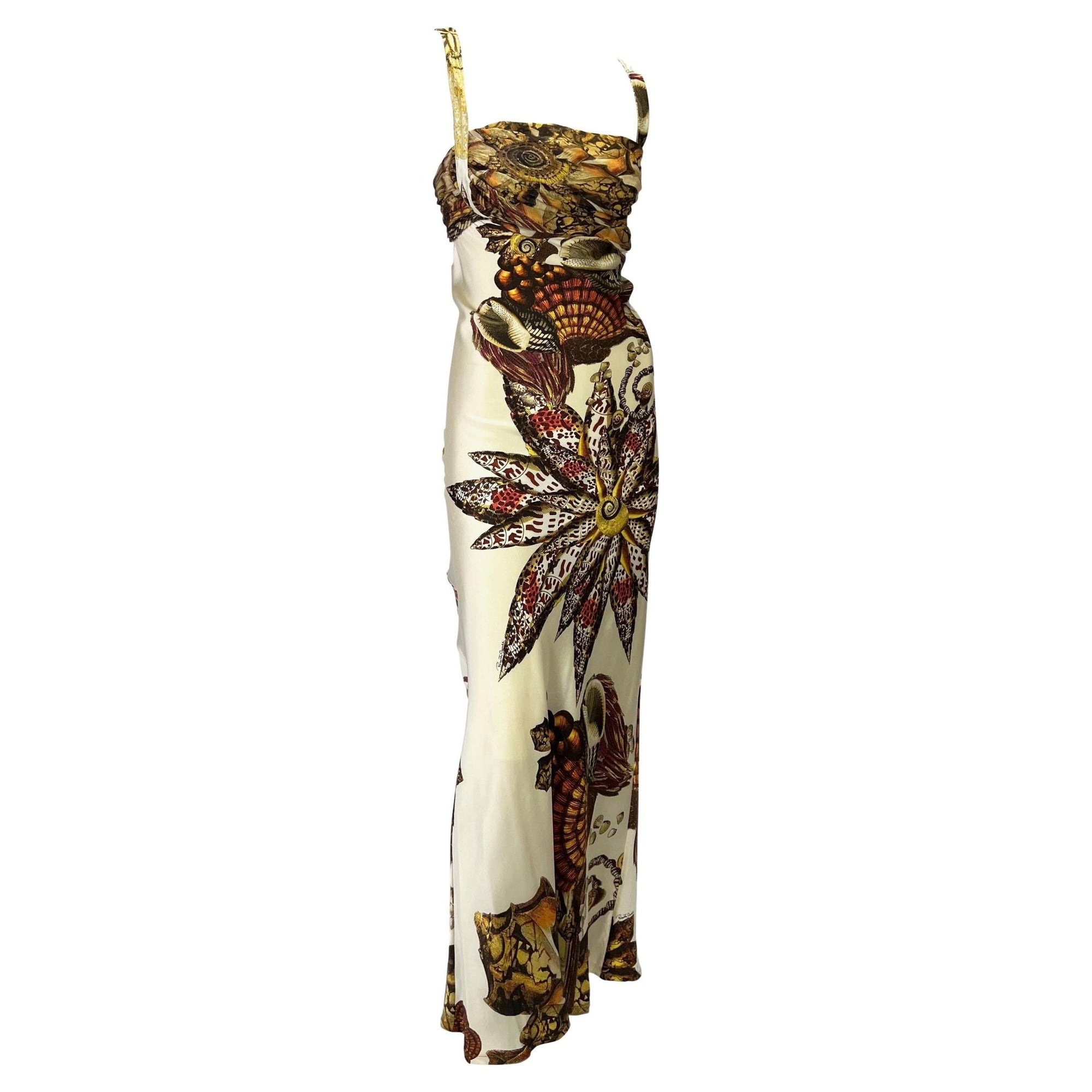 S/S 2005 Roberto Cavalli Silk Seashell Print Cream Satin Chiffon Maxi Dress - RealList