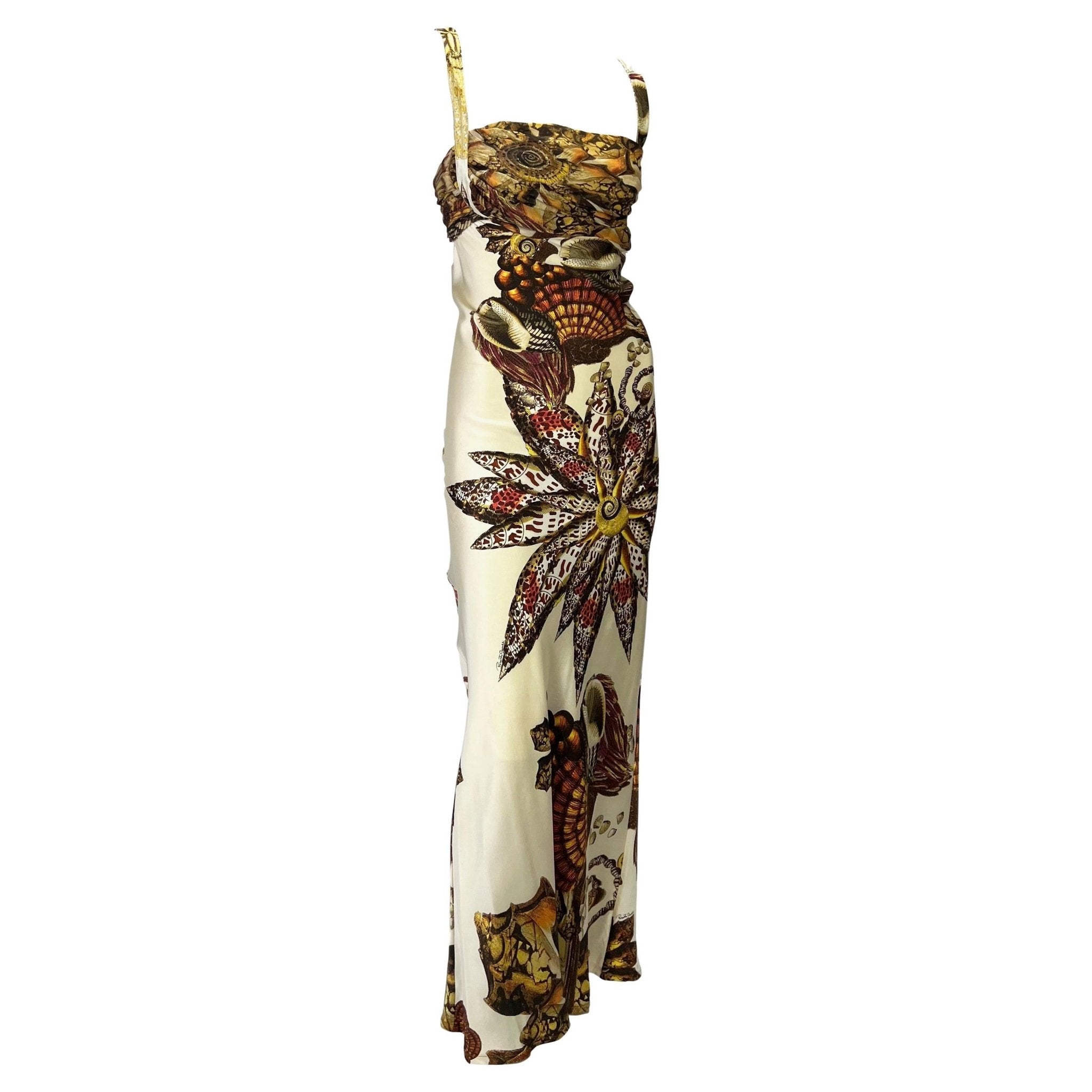 S/S 2005 Roberto Cavalli Silk Seashell Print Cream Satin Chiffon Maxi Dress - RealList