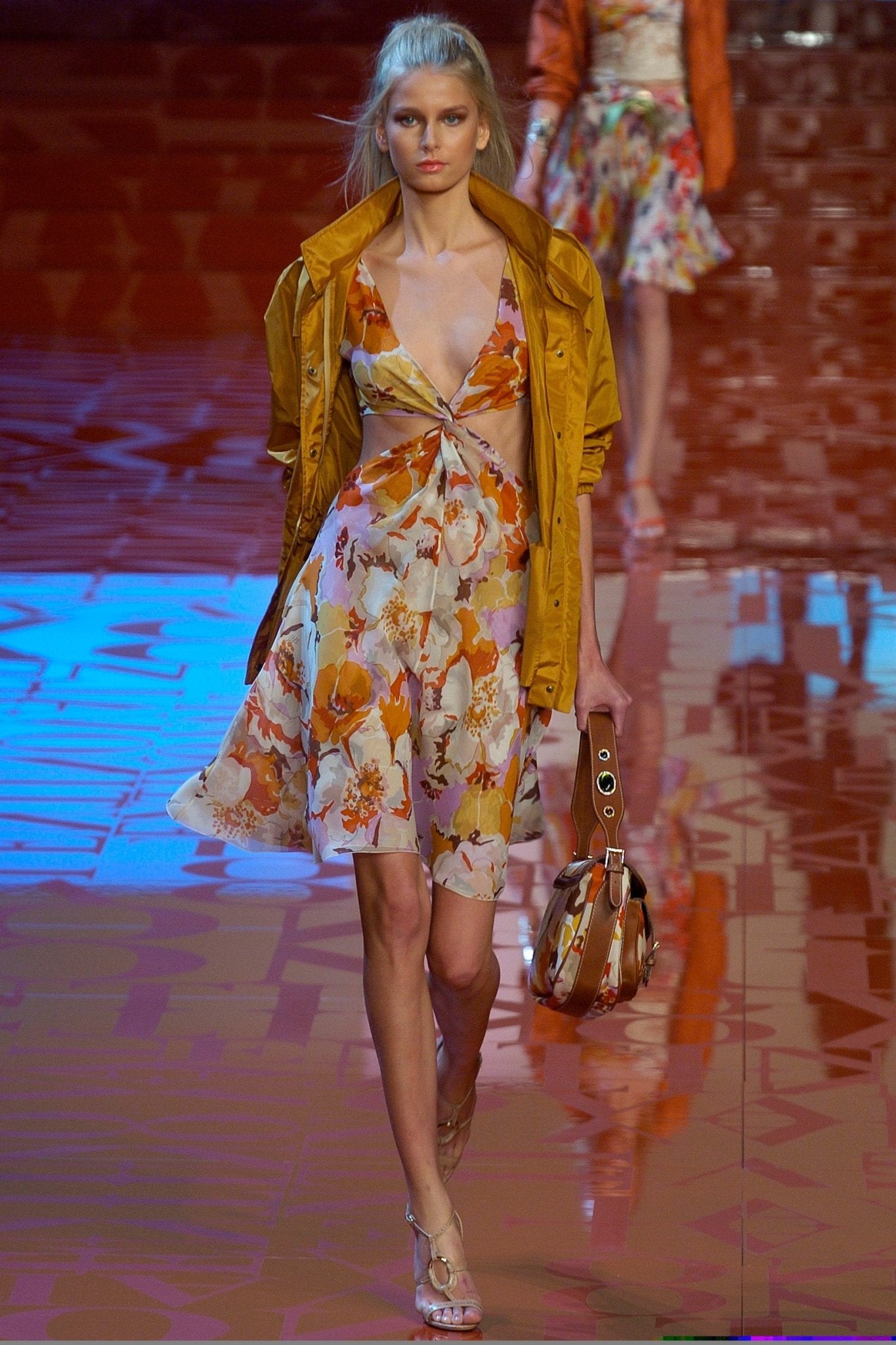 S/S 2005 Valentino Runway Plunging Pink Orange Floral Cut Out Twist Dress - RealList