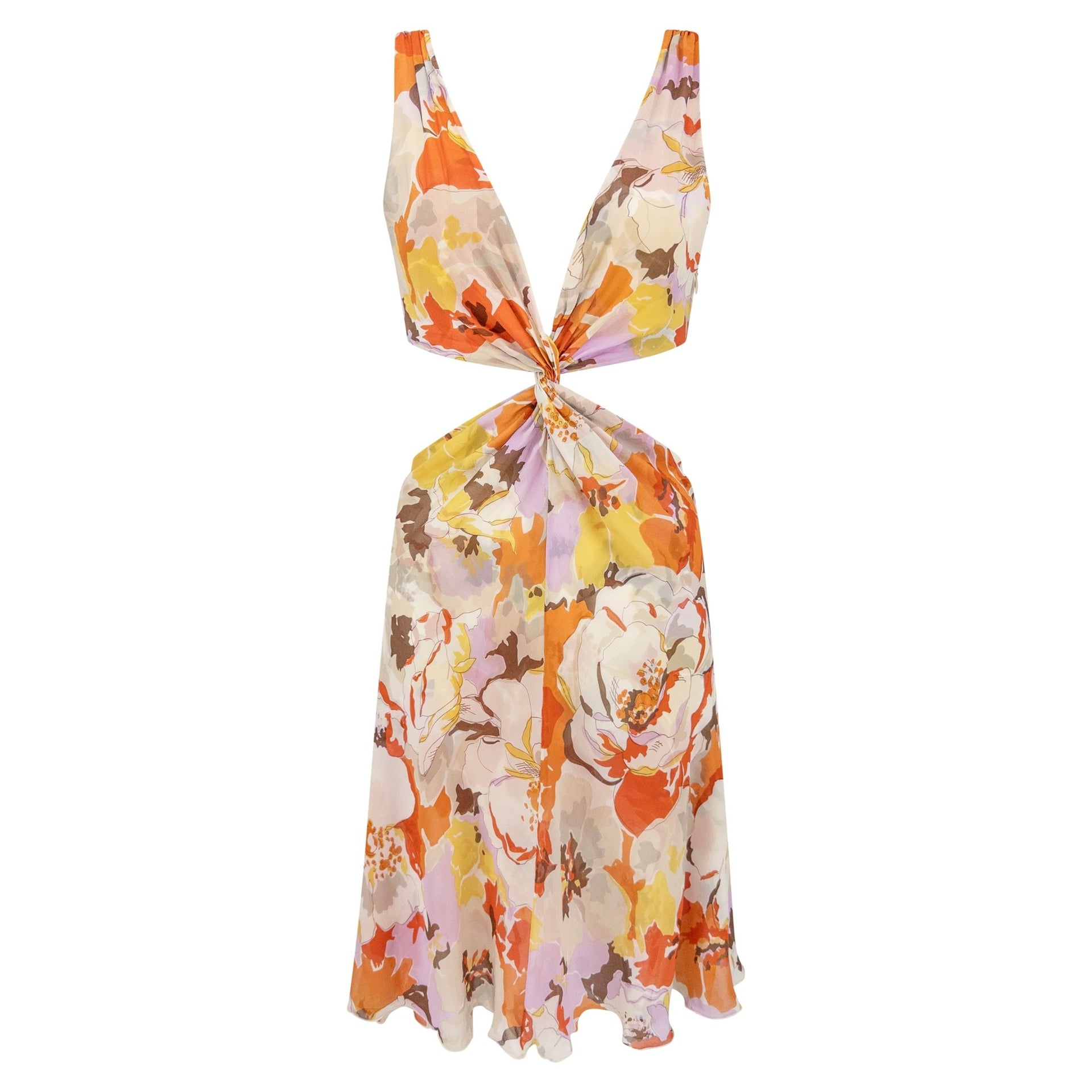 S/S 2005 Valentino Runway Plunging Pink Orange Floral Cut Out Twist Dress - RealList