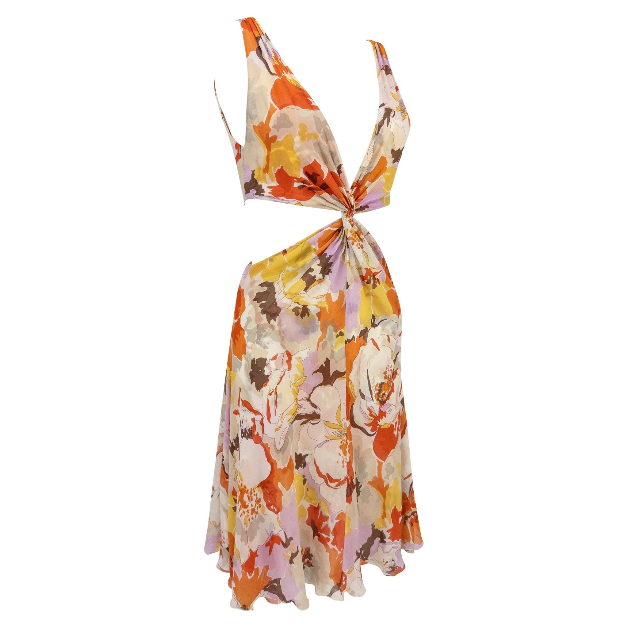 S/S 2005 Valentino Runway Plunging Pink Orange Floral Cut Out Twist Dress - RealList
