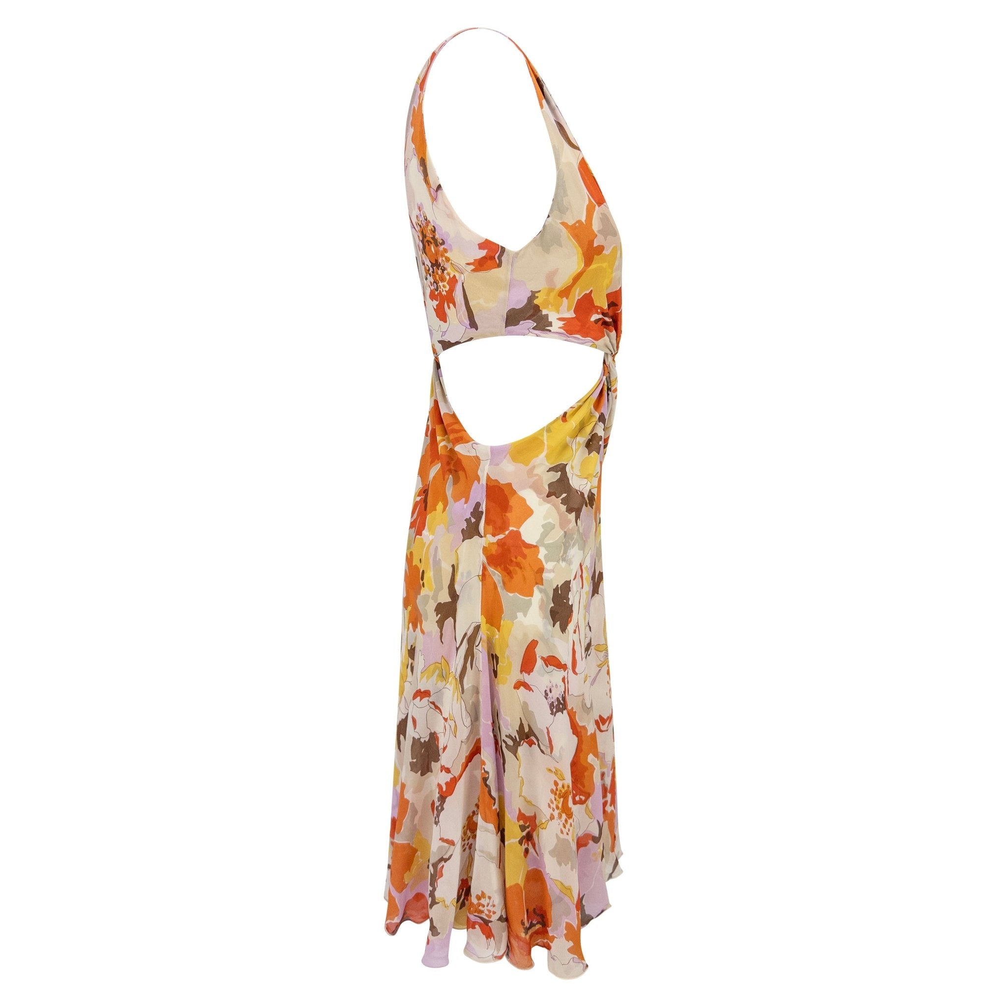S/S 2005 Valentino Runway Plunging Pink Orange Floral Cut Out Twist Dress - RealList