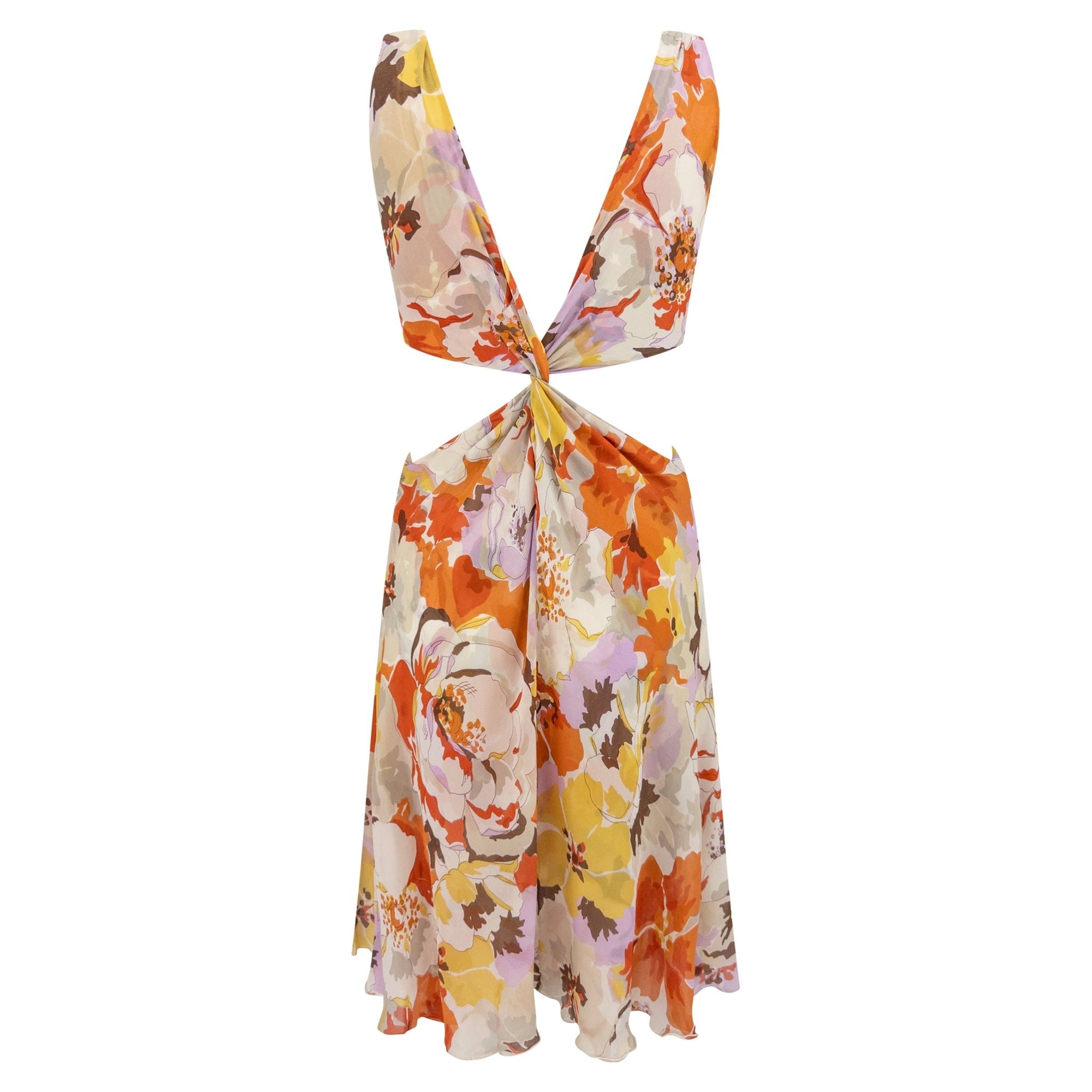 S/S 2005 Valentino Runway Plunging Pink Orange Floral Cut Out Twist Dress - RealList