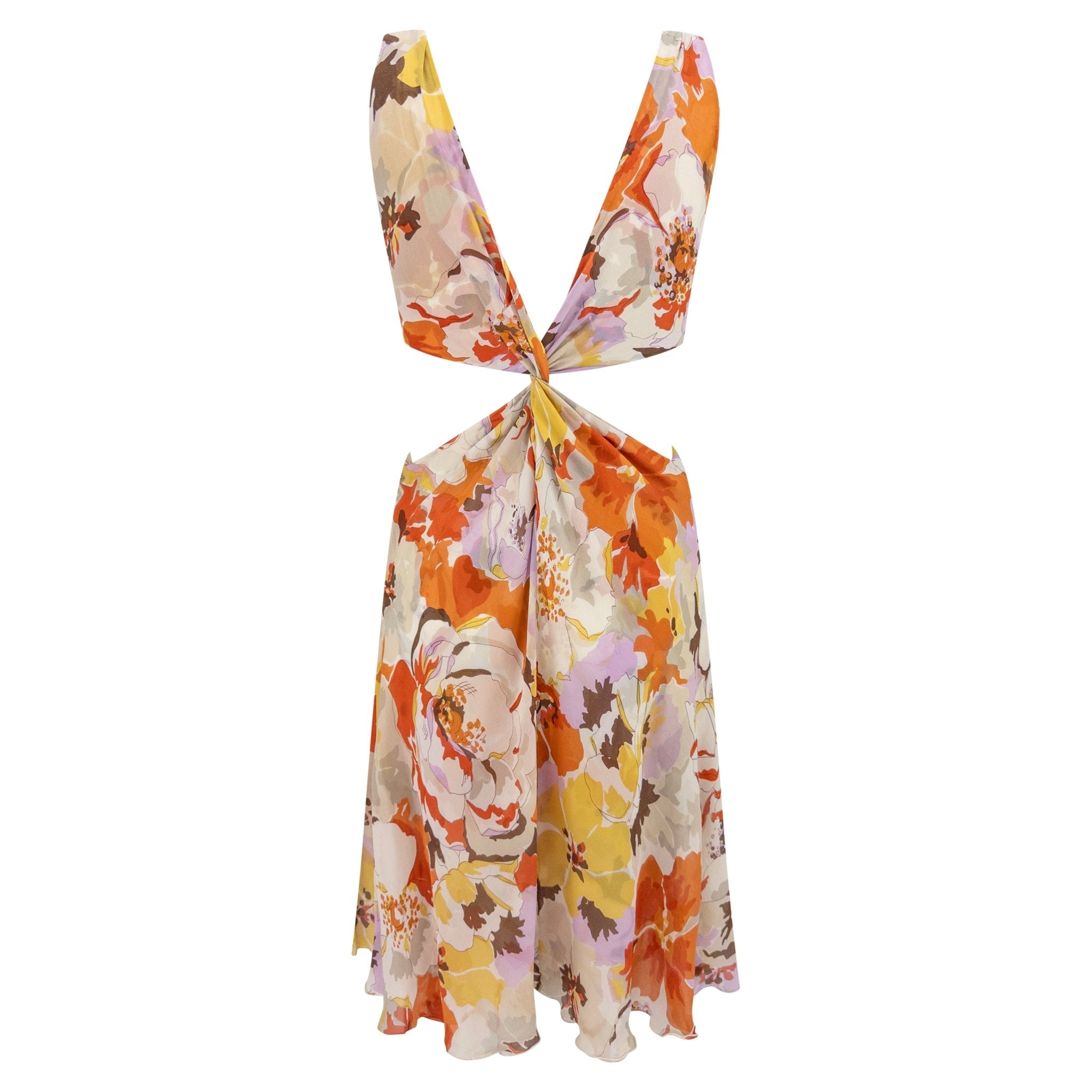 S/S 2005 Valentino Runway Plunging Pink Orange Floral Cut Out Twist Dress - RealList