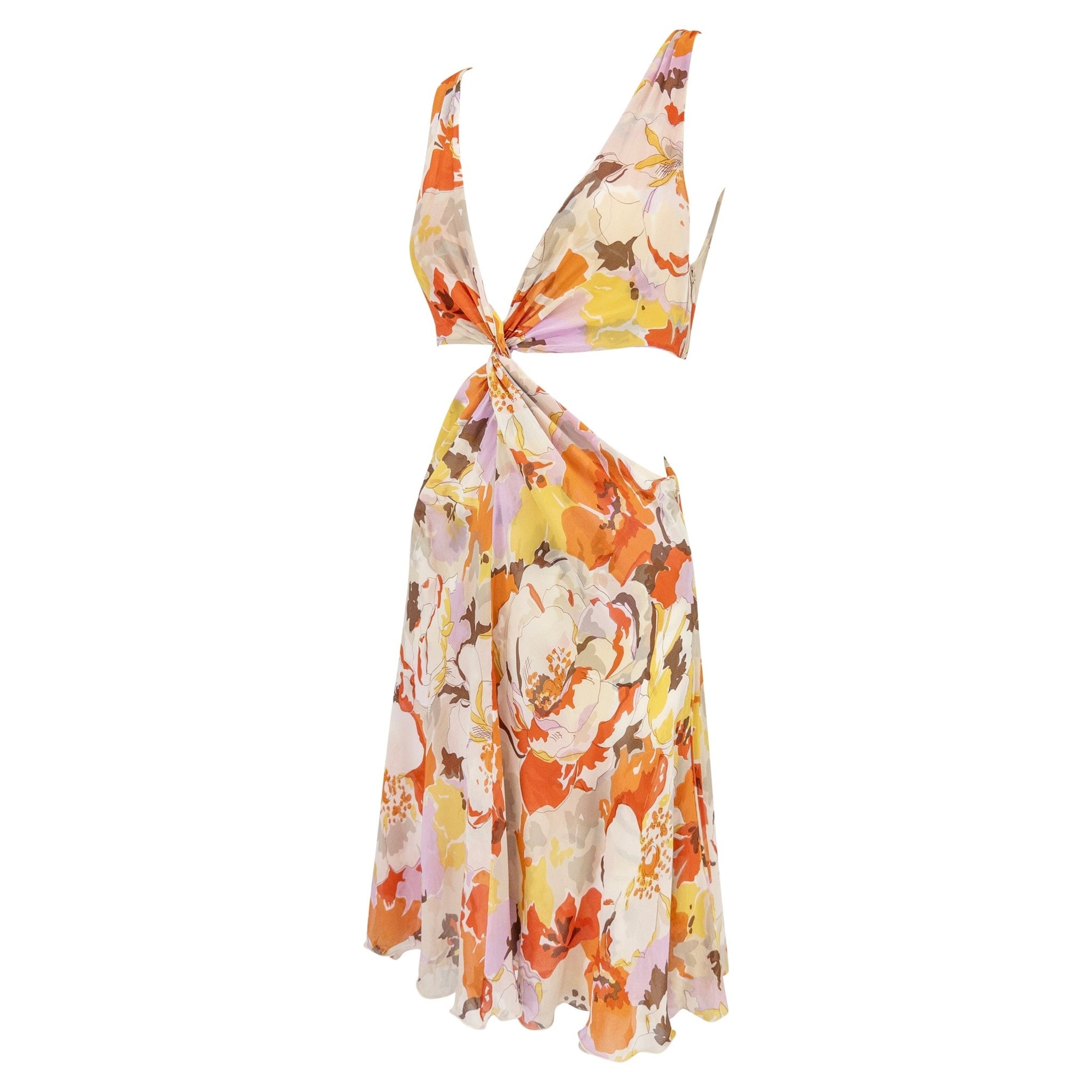 S/S 2005 Valentino Runway Plunging Pink Orange Floral Cut Out Twist Dress - RealList