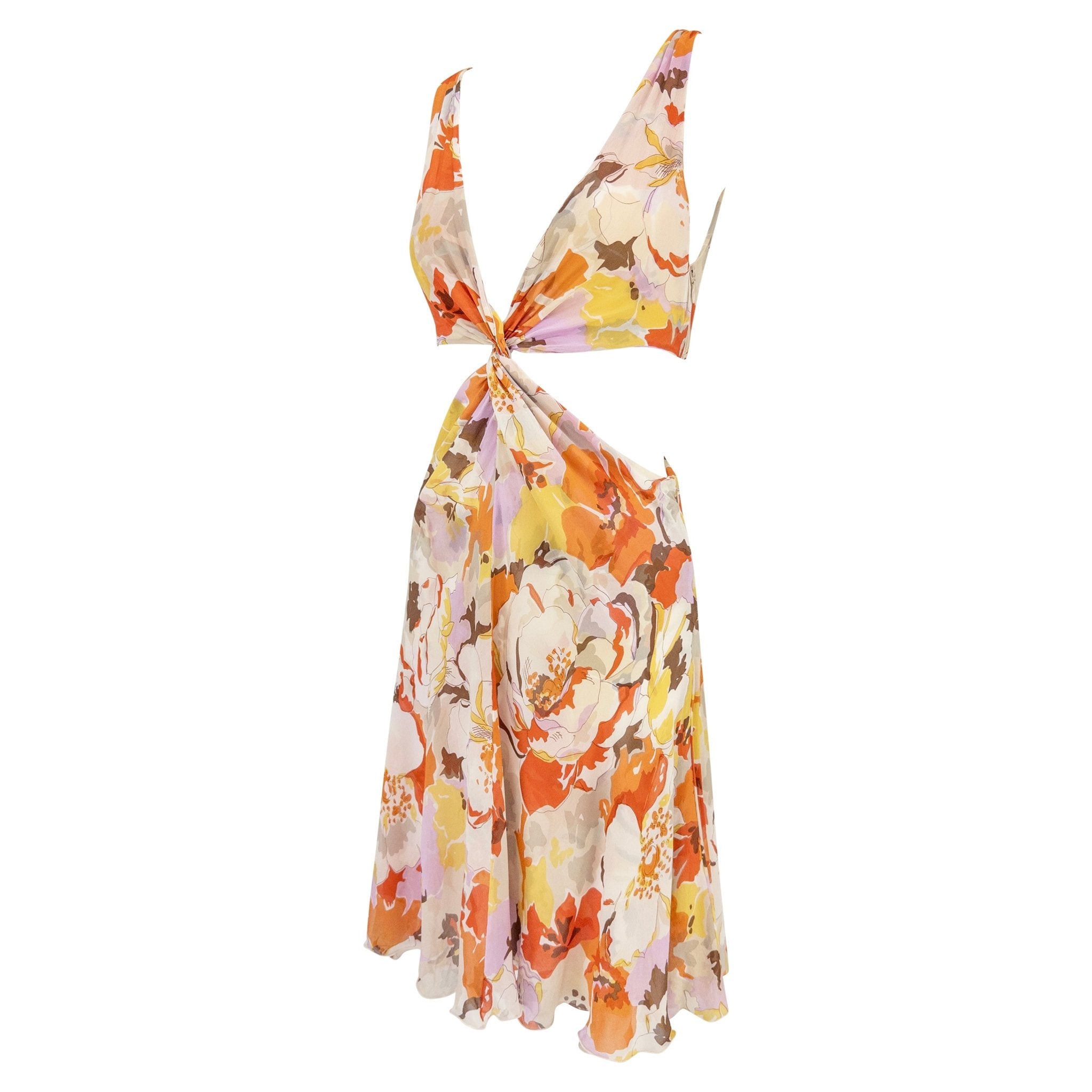 S/S 2005 Valentino Runway Plunging Pink Orange Floral Cut Out Twist Dress - RealList