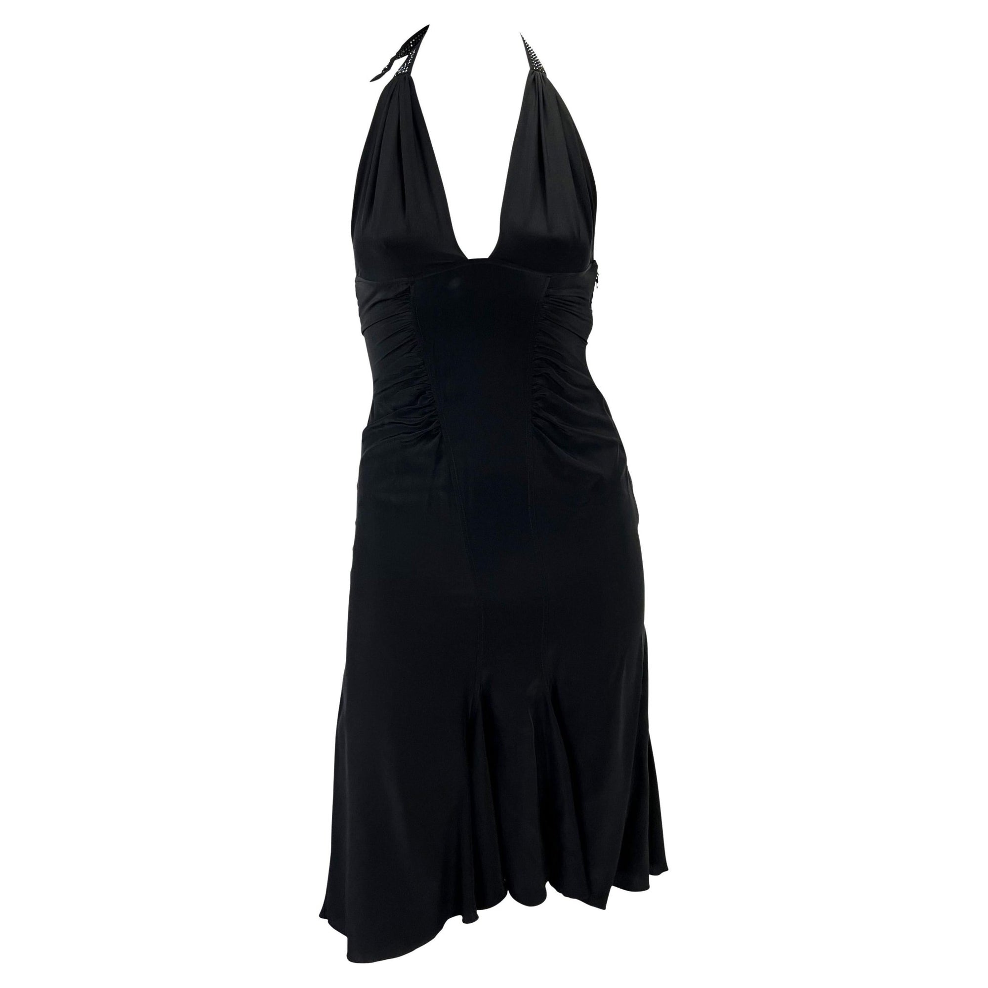 S/S 2005 Versace by Donatella Backless Rhinestone Strap Ruched Silk Black Dress - RealList