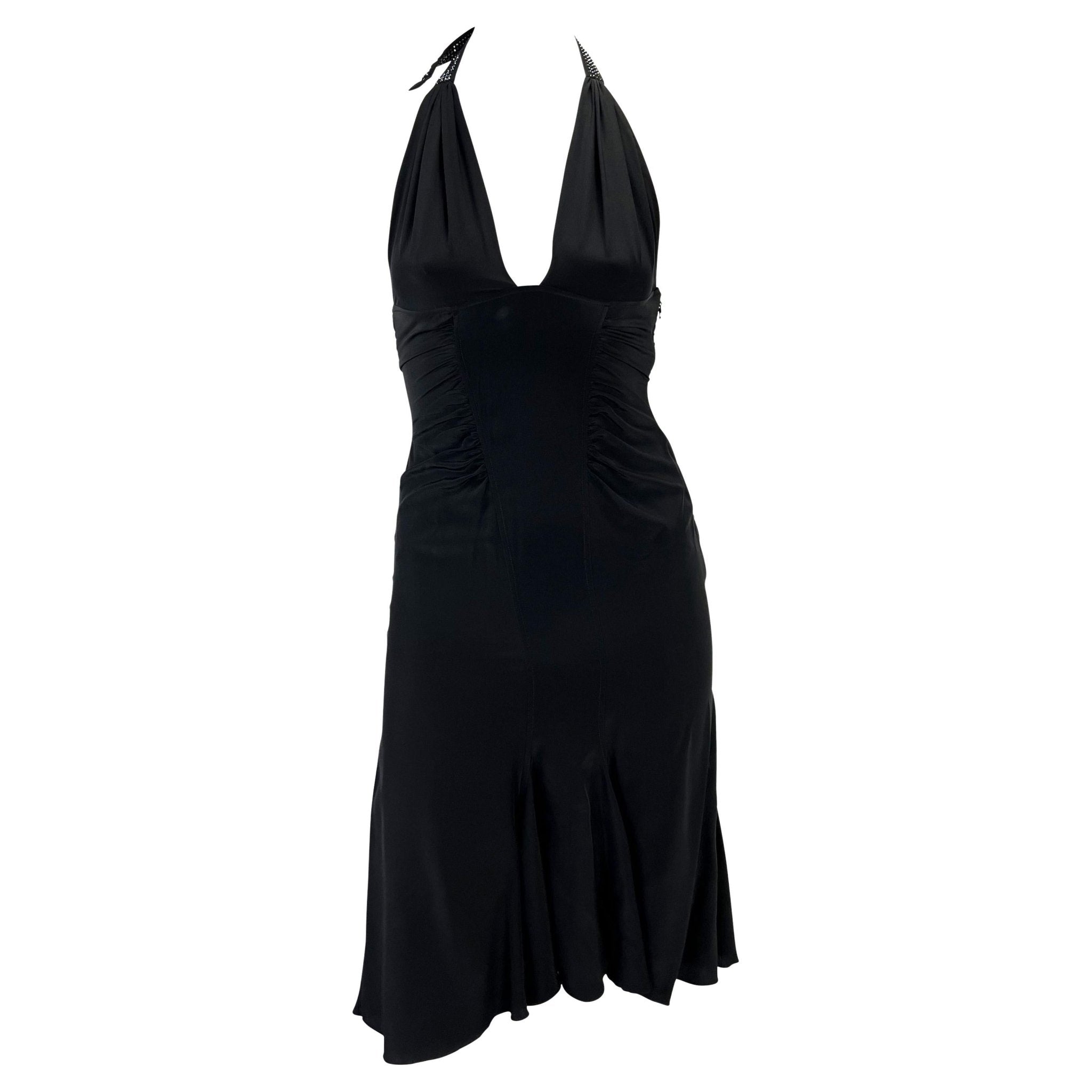 S/S 2005 Versace by Donatella Backless Rhinestone Strap Ruched Silk Black Dress - RealList