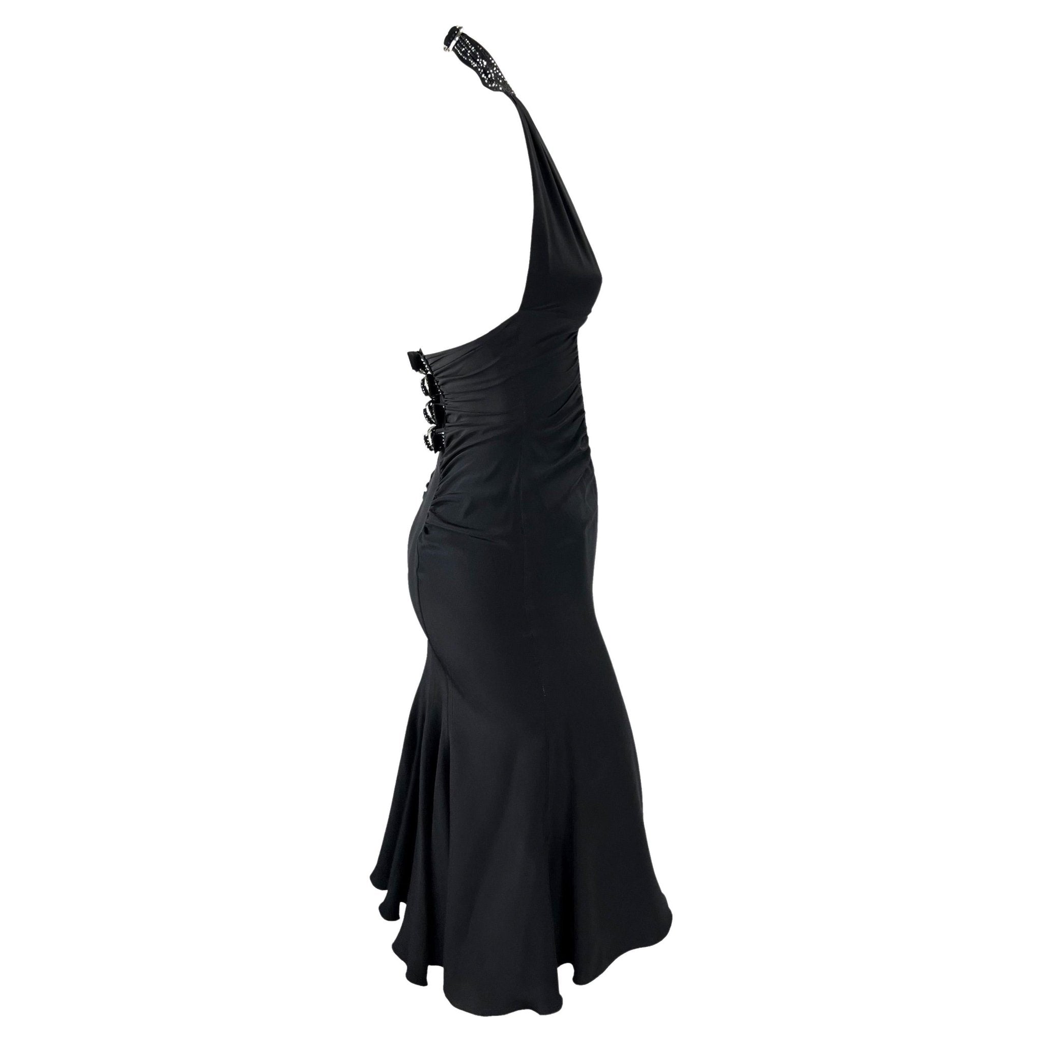 S/S 2005 Versace by Donatella Backless Rhinestone Strap Ruched Silk Black Dress - RealList