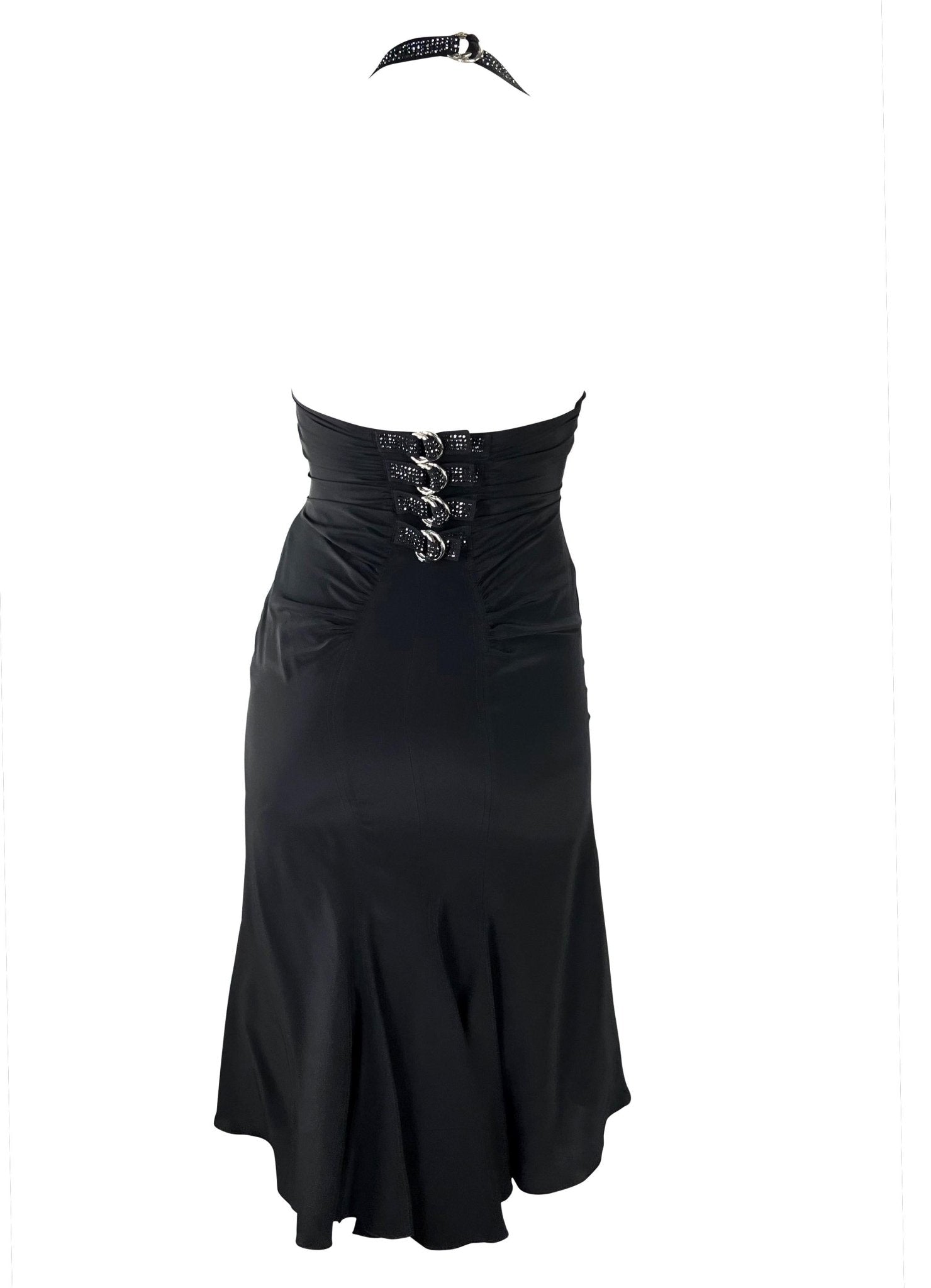 S/S 2005 Versace by Donatella Backless Rhinestone Strap Ruched Silk Black Dress - RealList