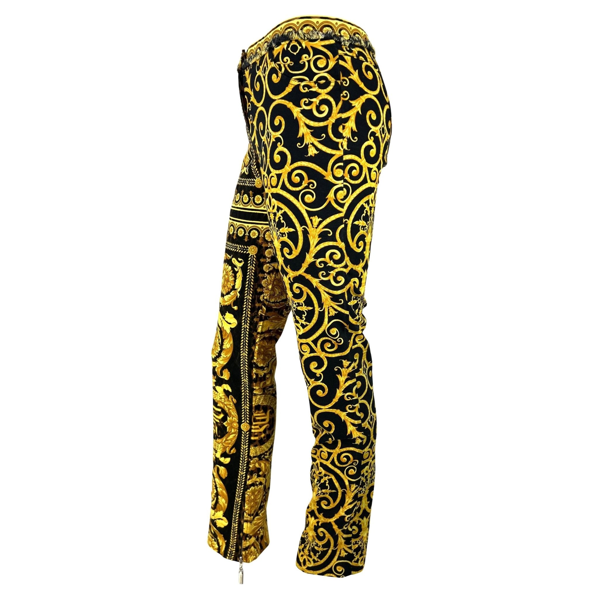 S/S 2005 Versace by Donatella Chaos Couture Gold Leopard Baroque Print Jeans - RealList
