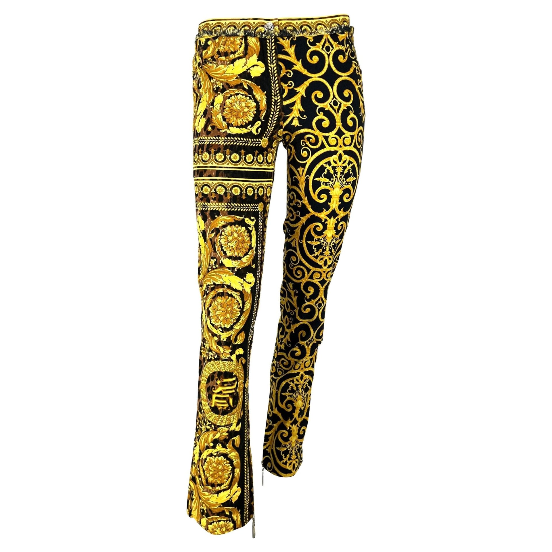 S/S 2005 Versace by Donatella Chaos Couture Gold Leopard Baroque Print Jeans - RealList