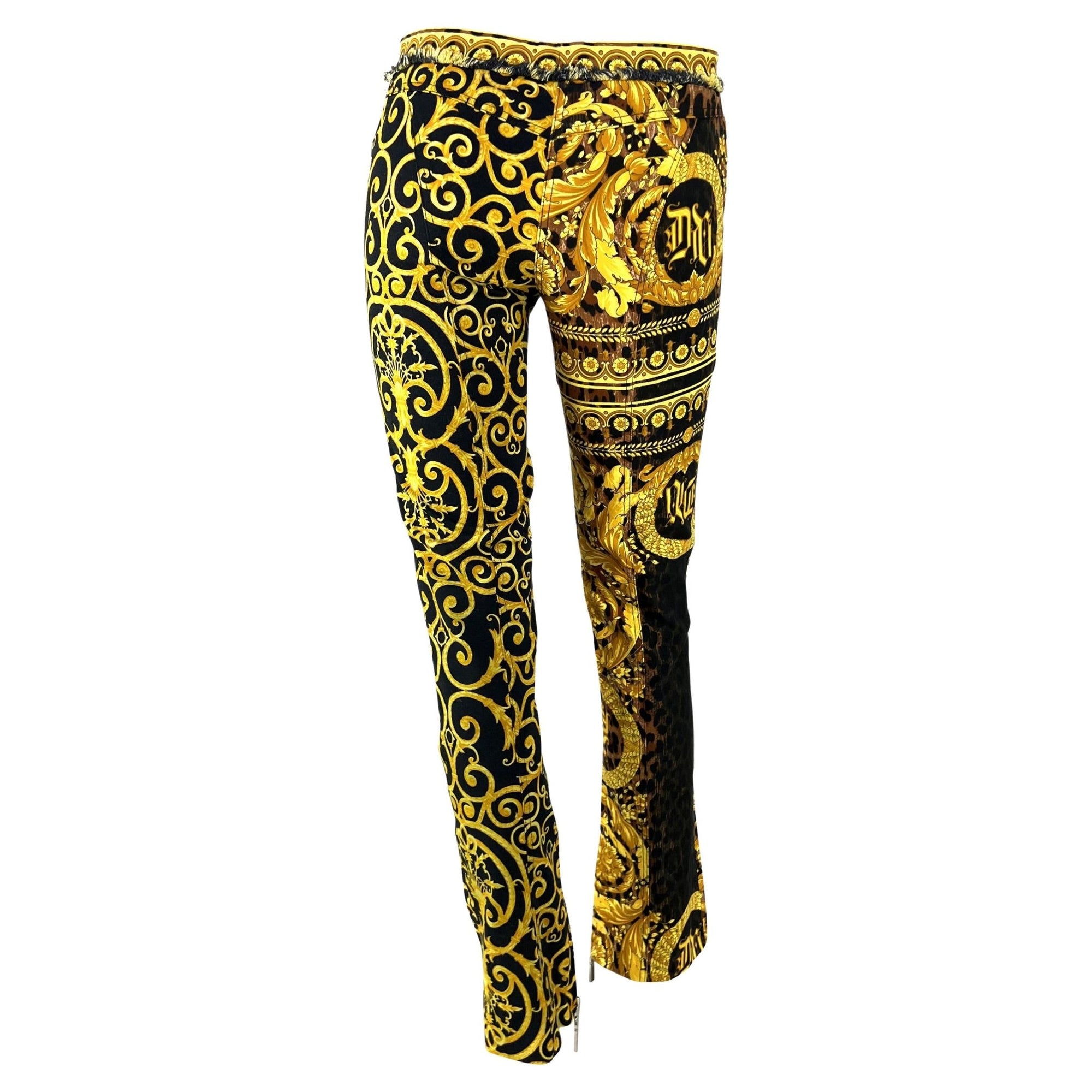 S/S 2005 Versace by Donatella Chaos Couture Gold Leopard Baroque Print Jeans - RealList