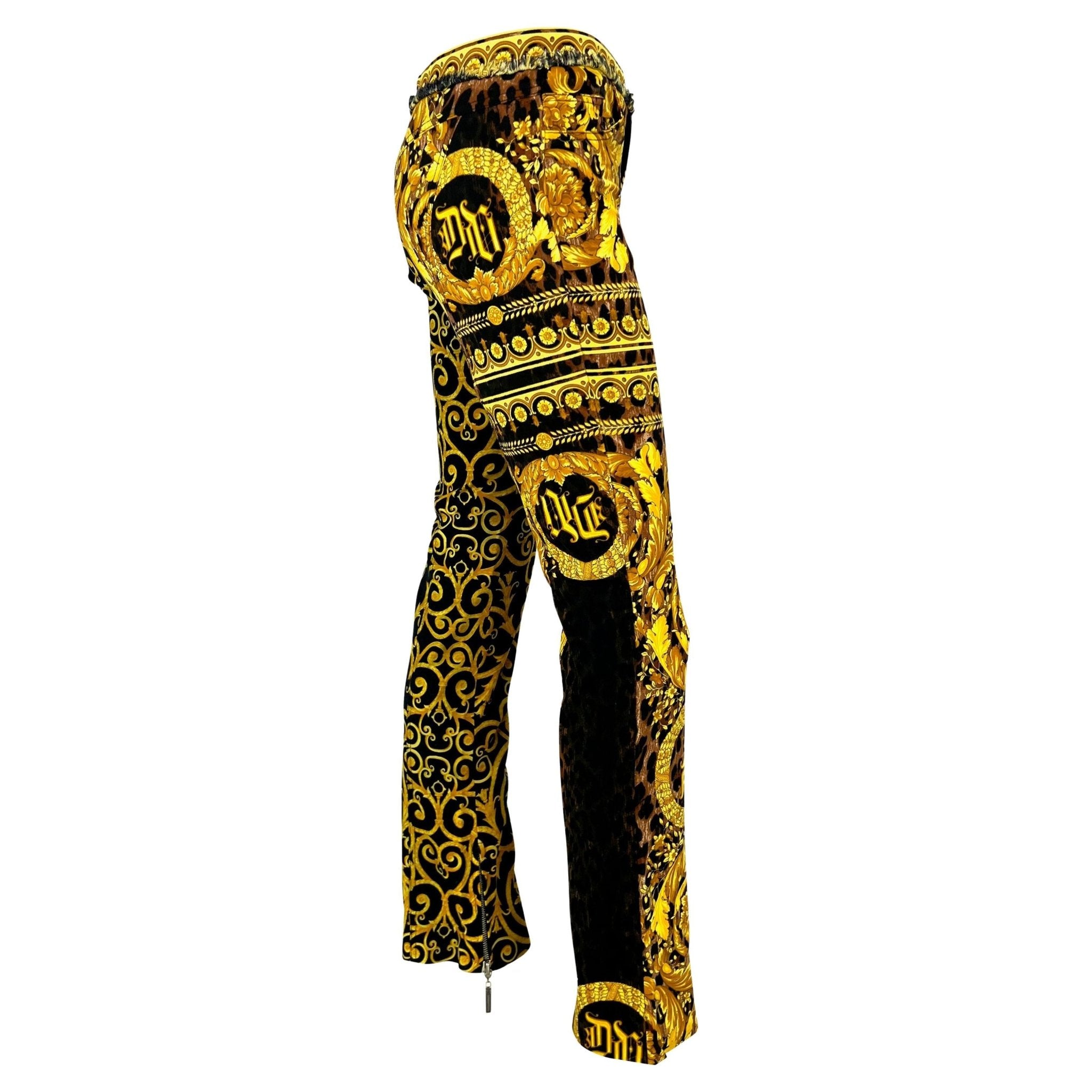 S/S 2005 Versace by Donatella Chaos Couture Gold Leopard Baroque Print Jeans - RealList