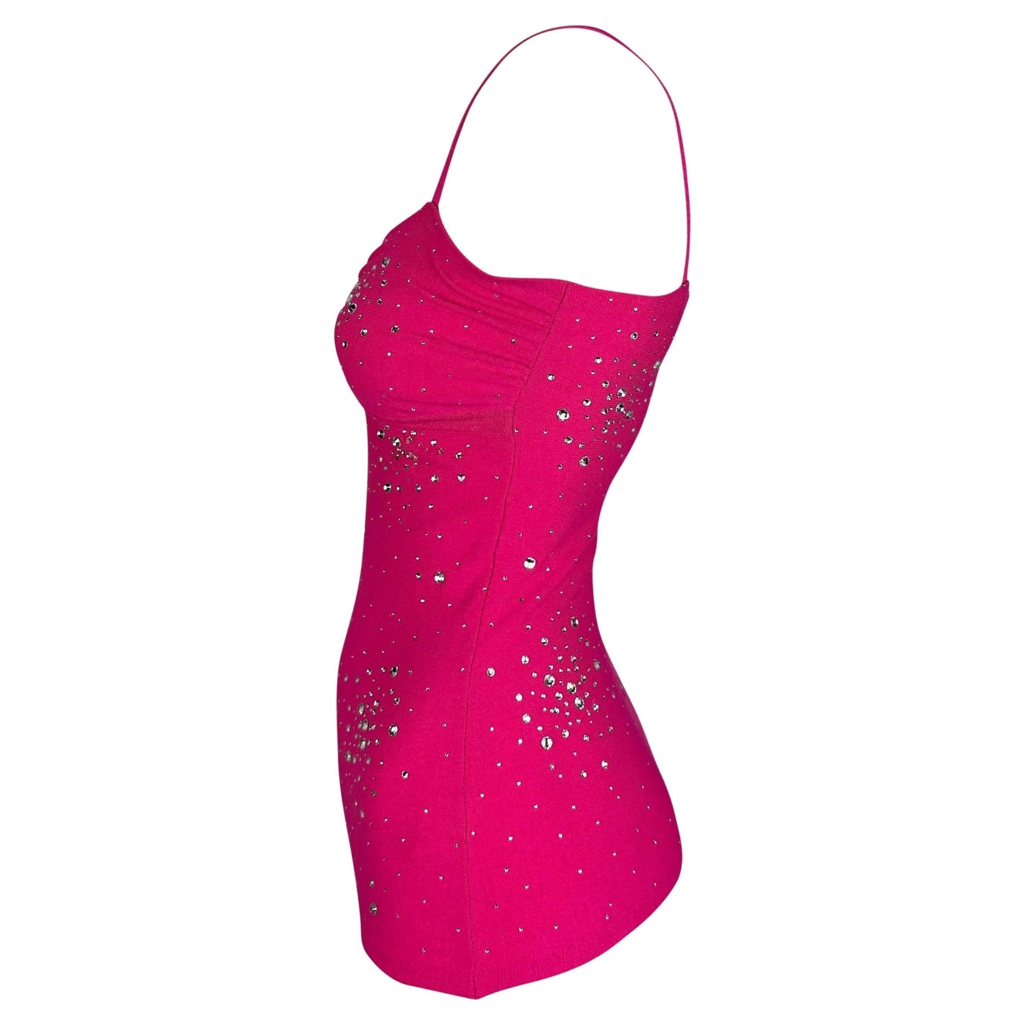 S/S 2005 Versace by Donatella Hot Pink Rhinestone Stretch Knit Tank Top - RealList