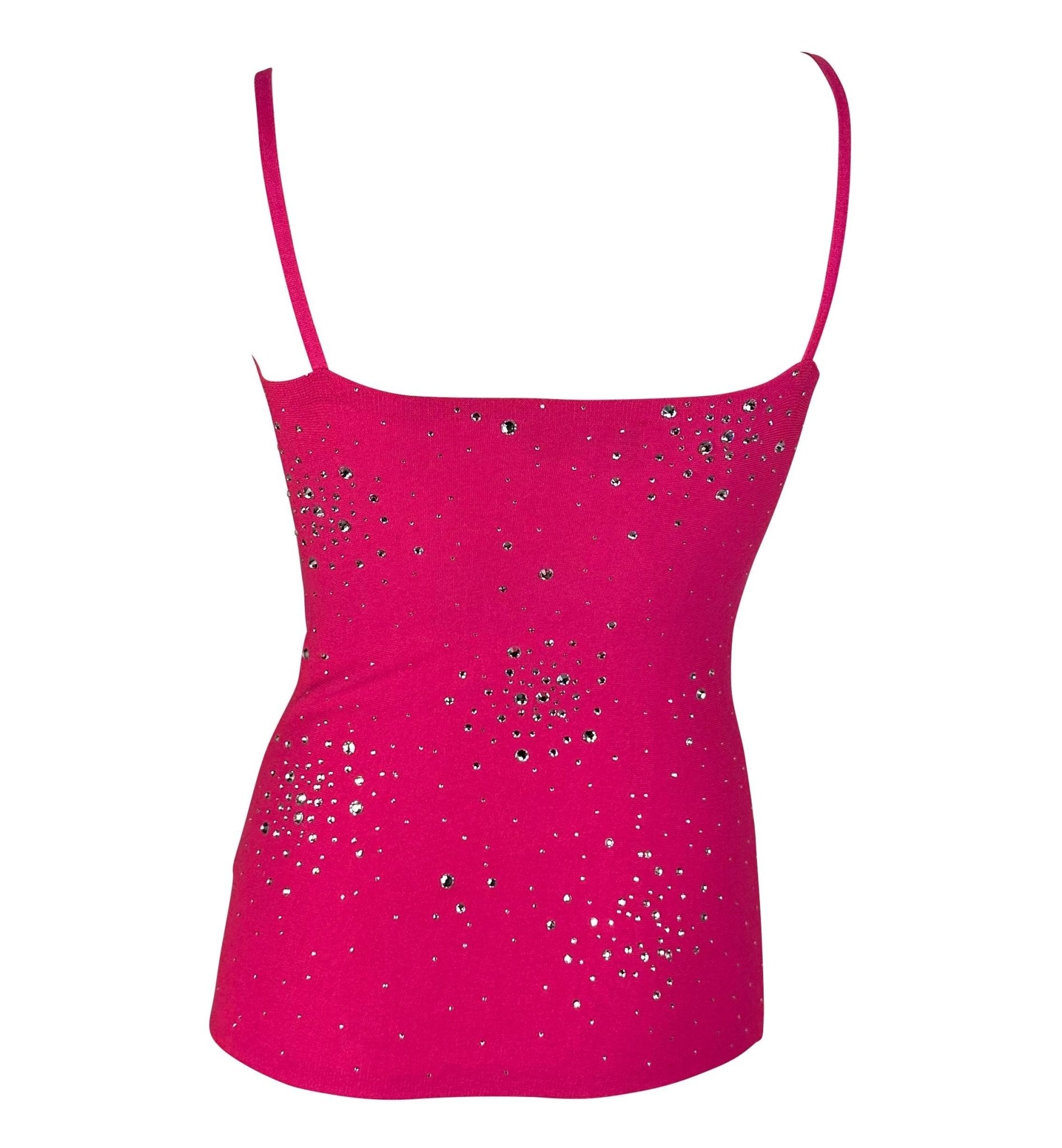 S/S 2005 Versace by Donatella Hot Pink Rhinestone Stretch Knit Tank Top - RealList