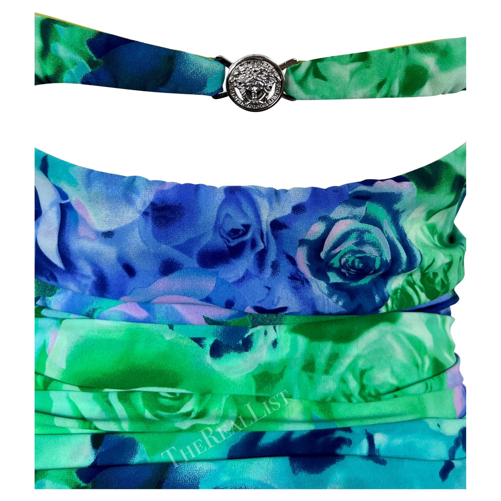 S/S 2005 Versace by Donatella Medusa Buckle Green Blue Rose Print Bodycon Dress - RealList