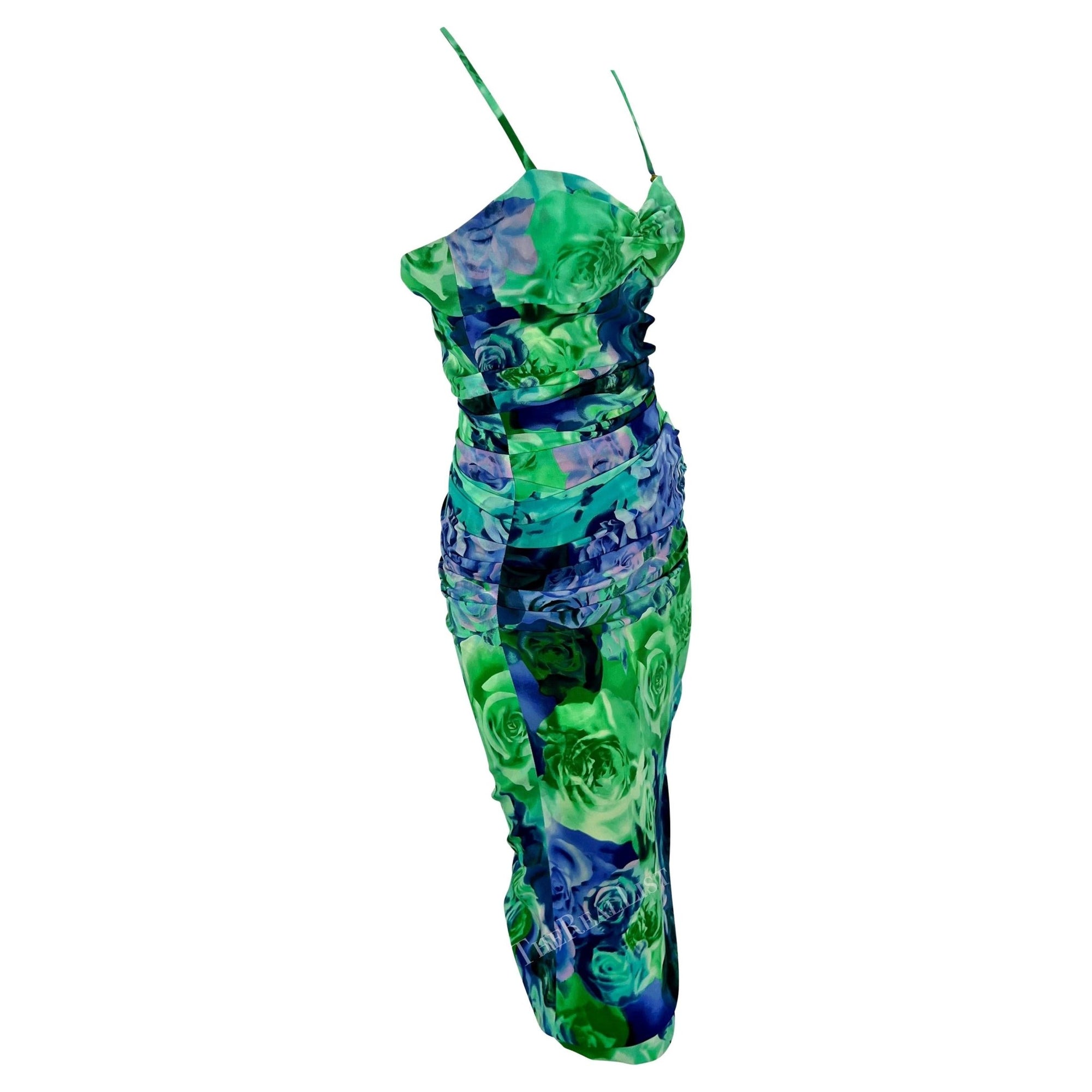 S/S 2005 Versace by Donatella Medusa Buckle Green Blue Rose Print Bodycon Dress - RealList