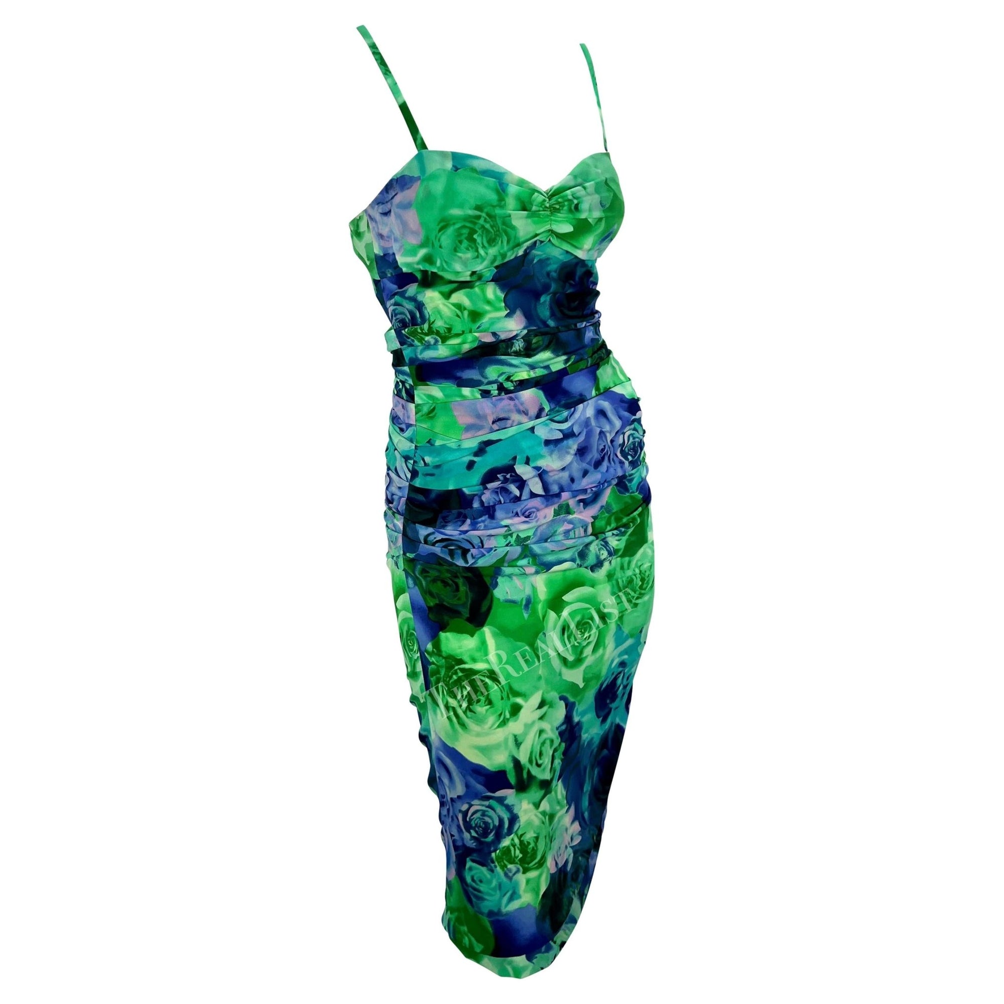 S/S 2005 Versace by Donatella Medusa Buckle Green Blue Rose Print Bodycon Dress - RealList