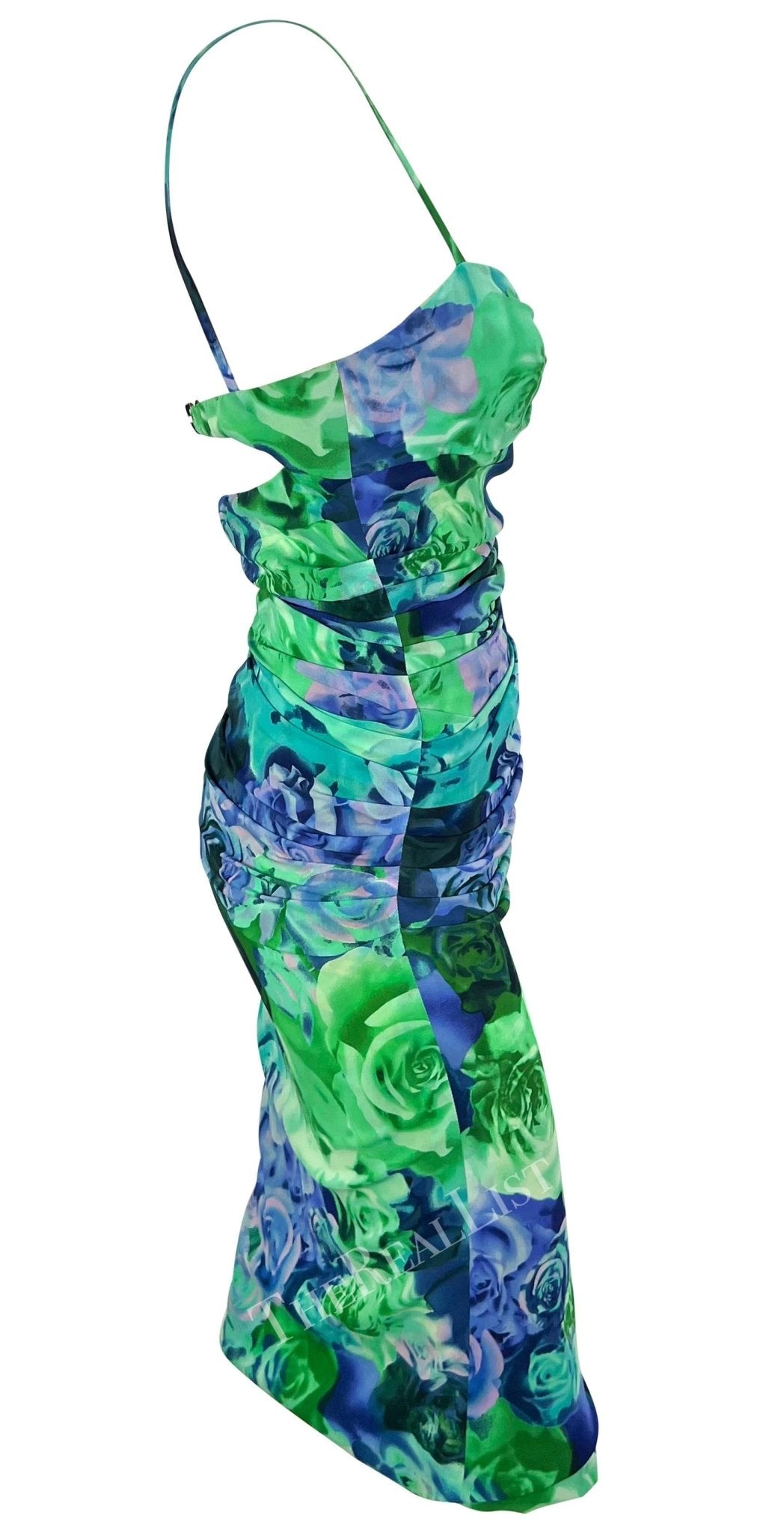S/S 2005 Versace by Donatella Medusa Buckle Green Blue Rose Print Bodycon Dress - RealList