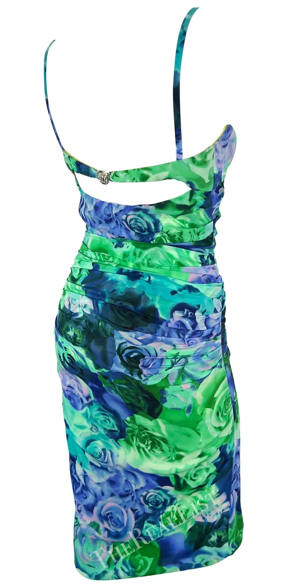 S/S 2005 Versace by Donatella Medusa Buckle Green Blue Rose Print Bodycon Dress - RealList