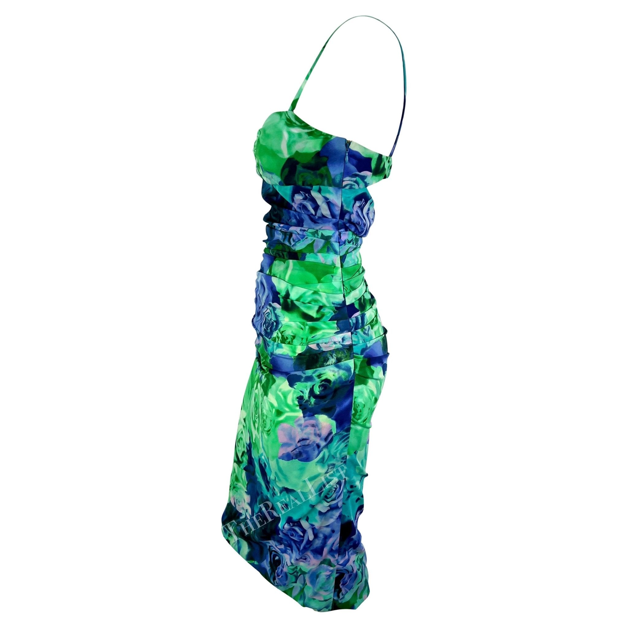 S/S 2005 Versace by Donatella Medusa Buckle Green Blue Rose Print Bodycon Dress - RealList