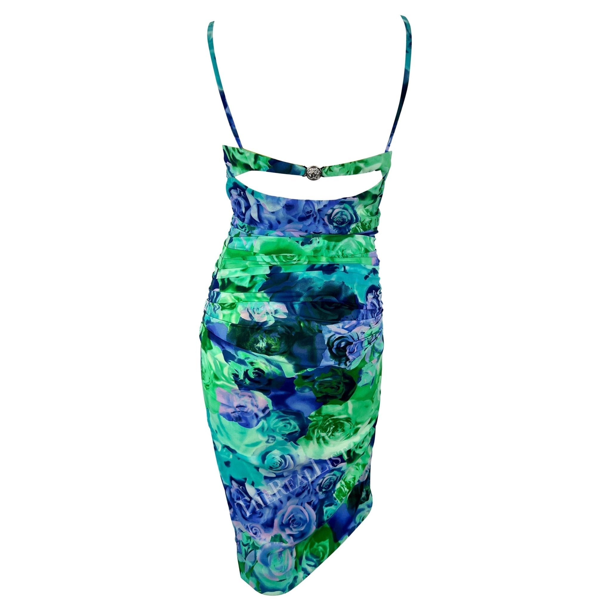 S/S 2005 Versace by Donatella Medusa Buckle Green Blue Rose Print Bodycon Dress - RealList