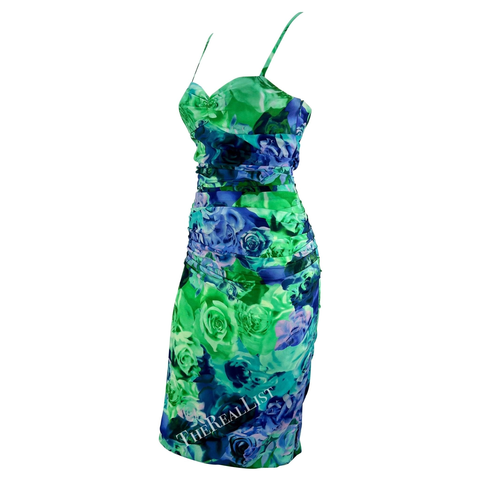 S/S 2005 Versace by Donatella Medusa Buckle Green Blue Rose Print Bodycon Dress - RealList