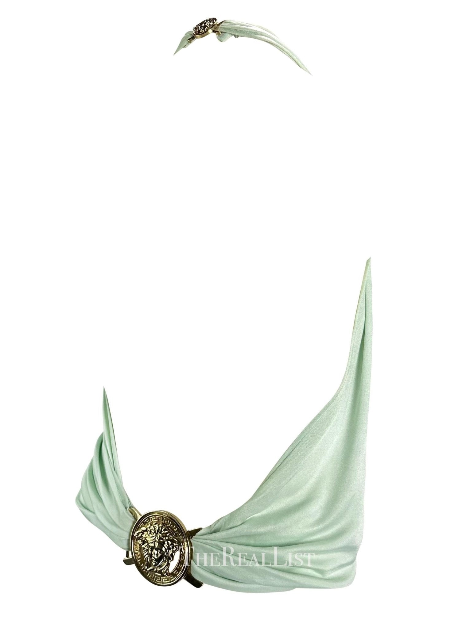 S/S 2005 Versace by Donatella Medusa Medallion Backless Halter Top Blue Blouse - RealList