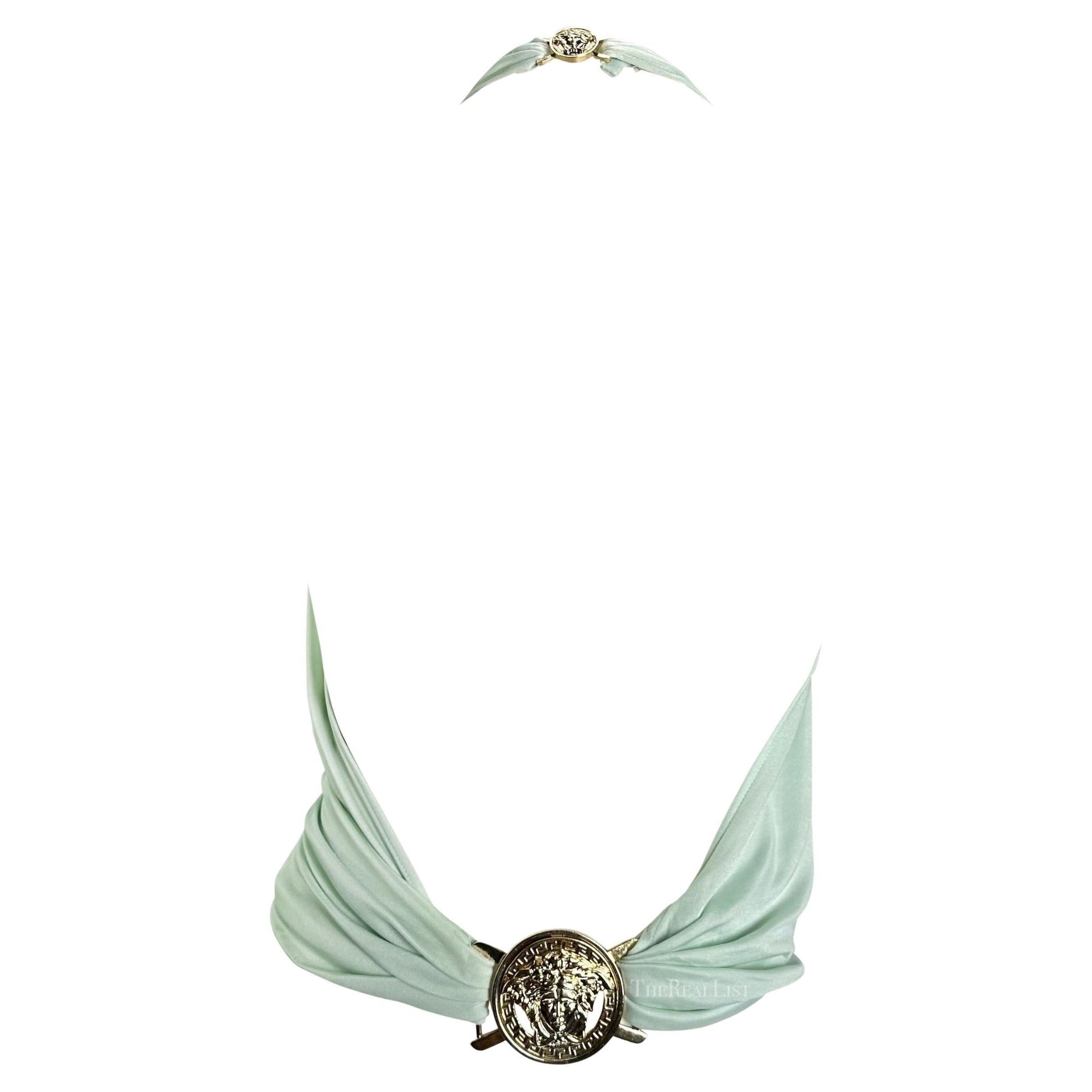 S/S 2005 Versace by Donatella Medusa Medallion Backless Halter Top Blue Blouse - RealList