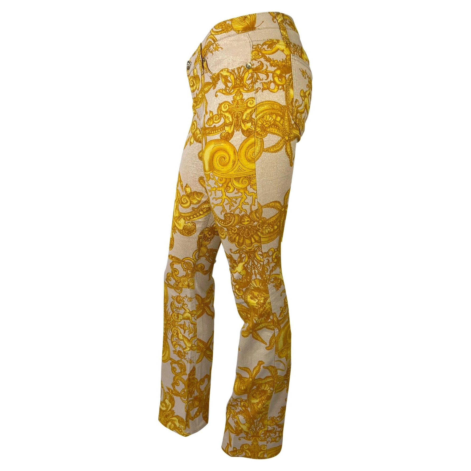 S/S 2005 Versace by Donatella Metallic Gold Tresor la Mer Print Medusa Logo Pants - RealList