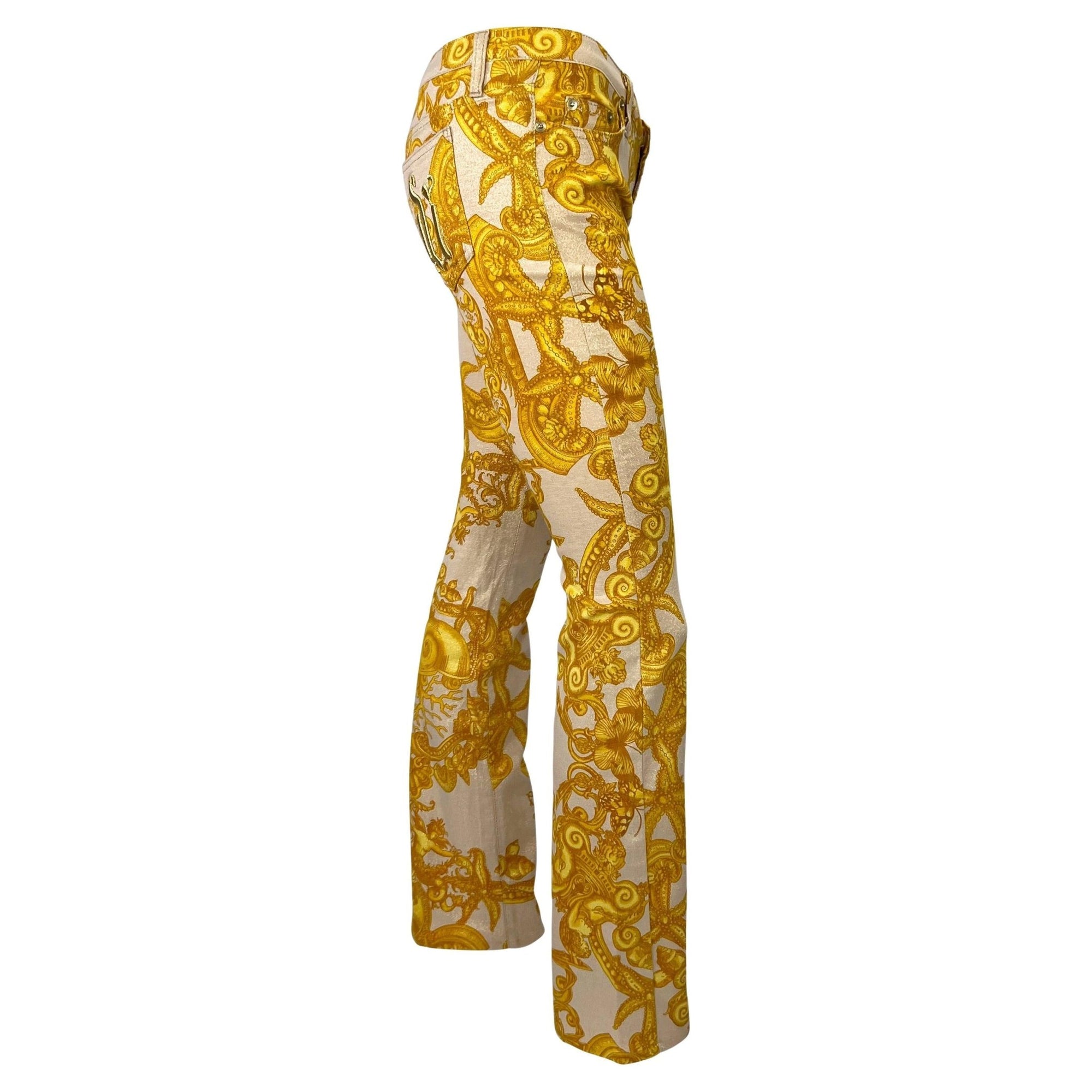 S/S 2005 Versace by Donatella Metallic Gold Tresor la Mer Print Medusa Logo Pants - RealList
