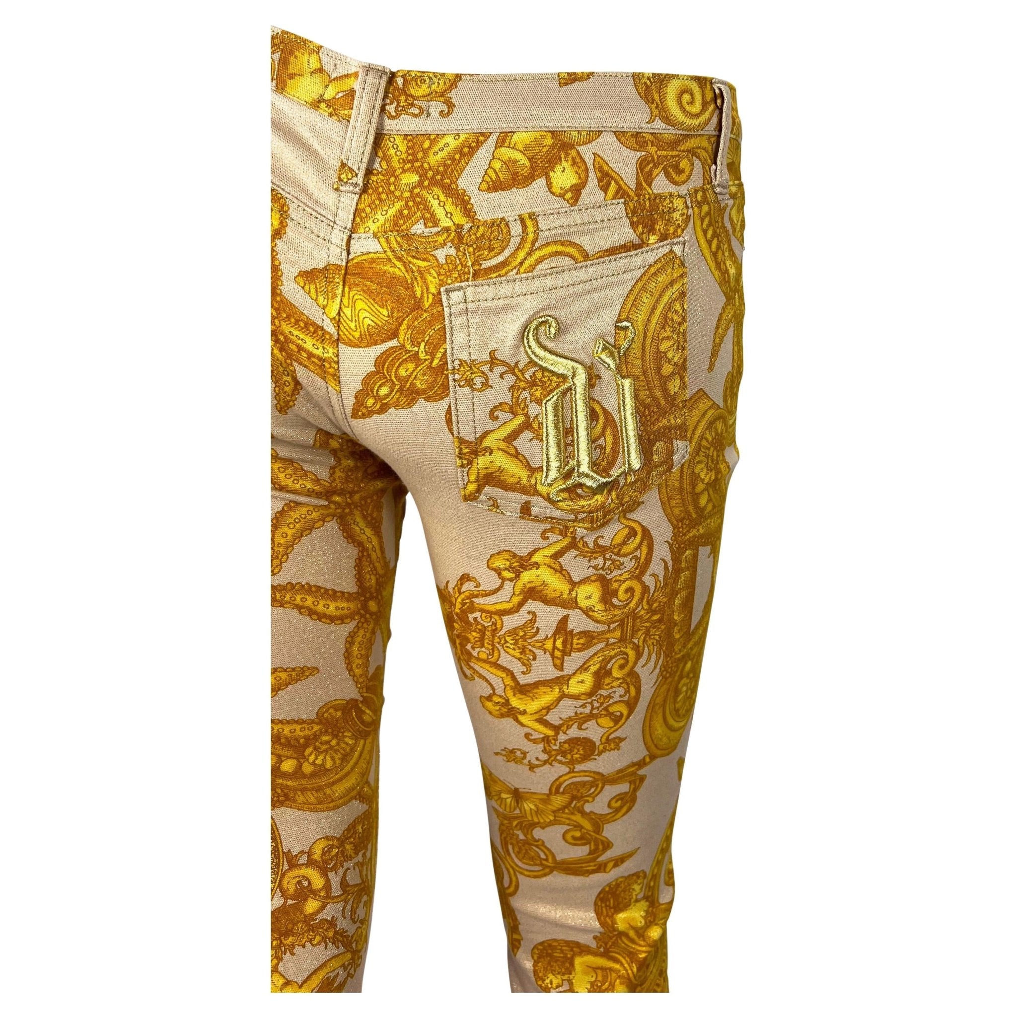 S/S 2005 Versace by Donatella Metallic Gold Tresor la Mer Print Medusa Logo Pants - RealList
