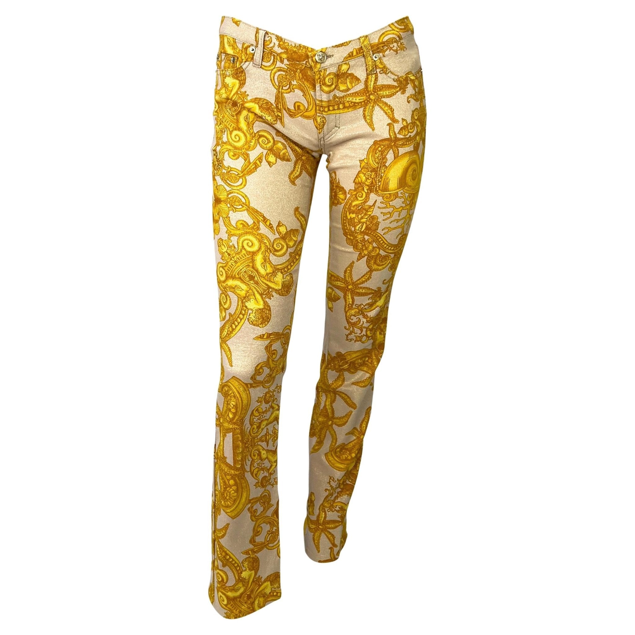 S/S 2005 Versace by Donatella Metallic Gold Tresor la Mer Print Medusa Logo Pants - RealList