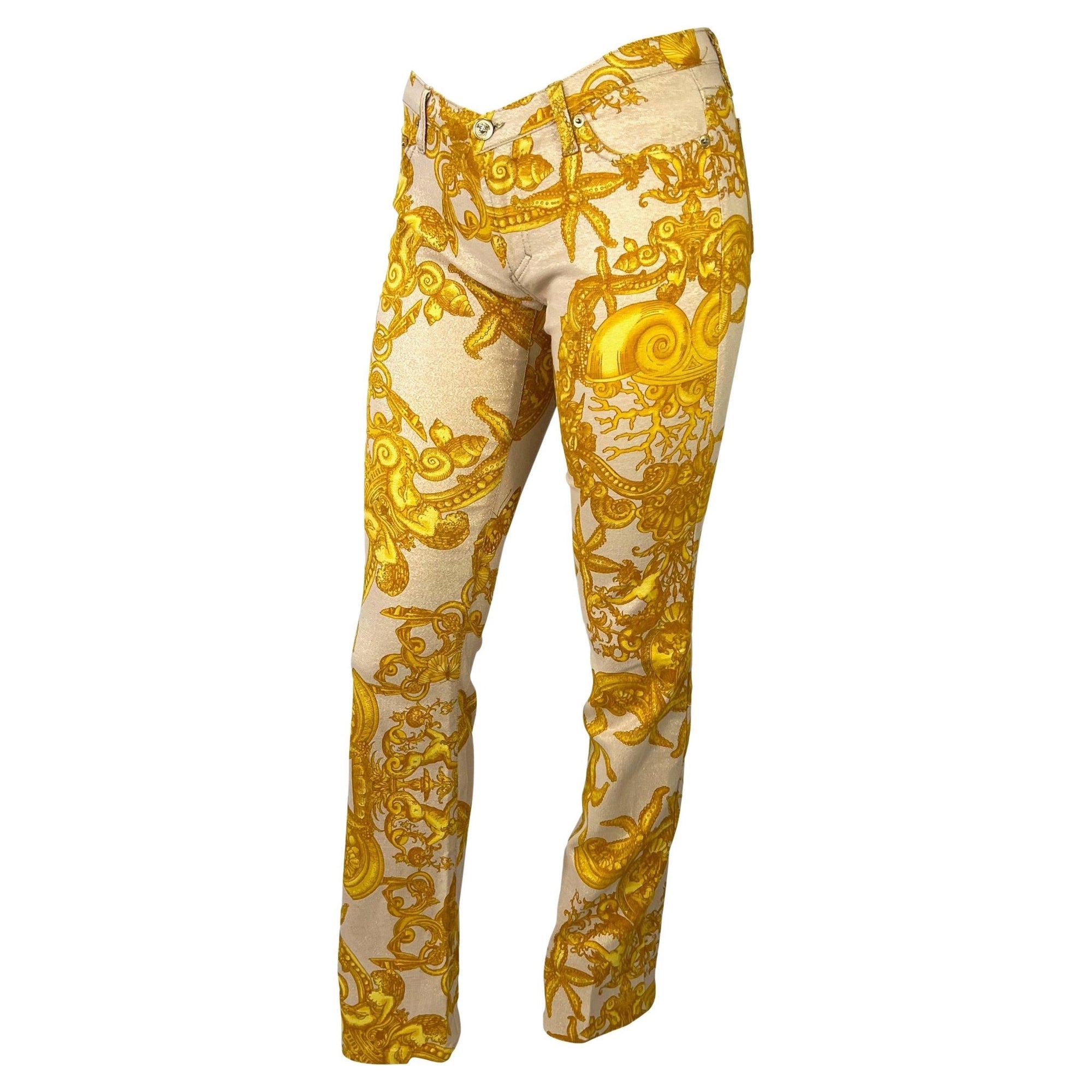 S/S 2005 Versace by Donatella Metallic Gold Tresor la Mer Print Medusa Logo Pants - RealList