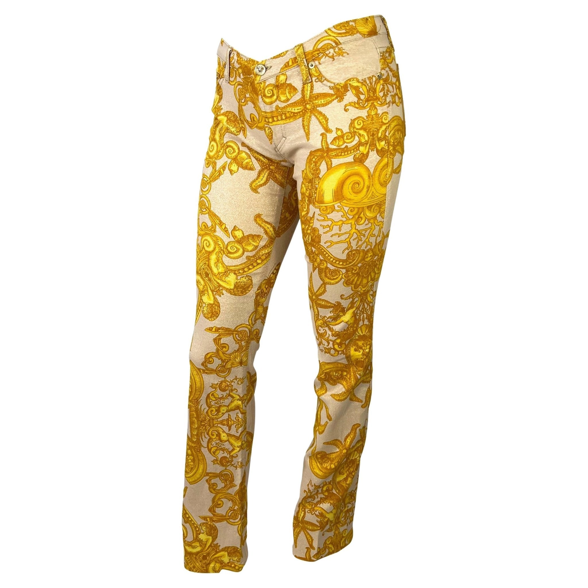 S/S 2005 Versace by Donatella Metallic Gold Tresor la Mer Print Medusa Logo Pants - RealList
