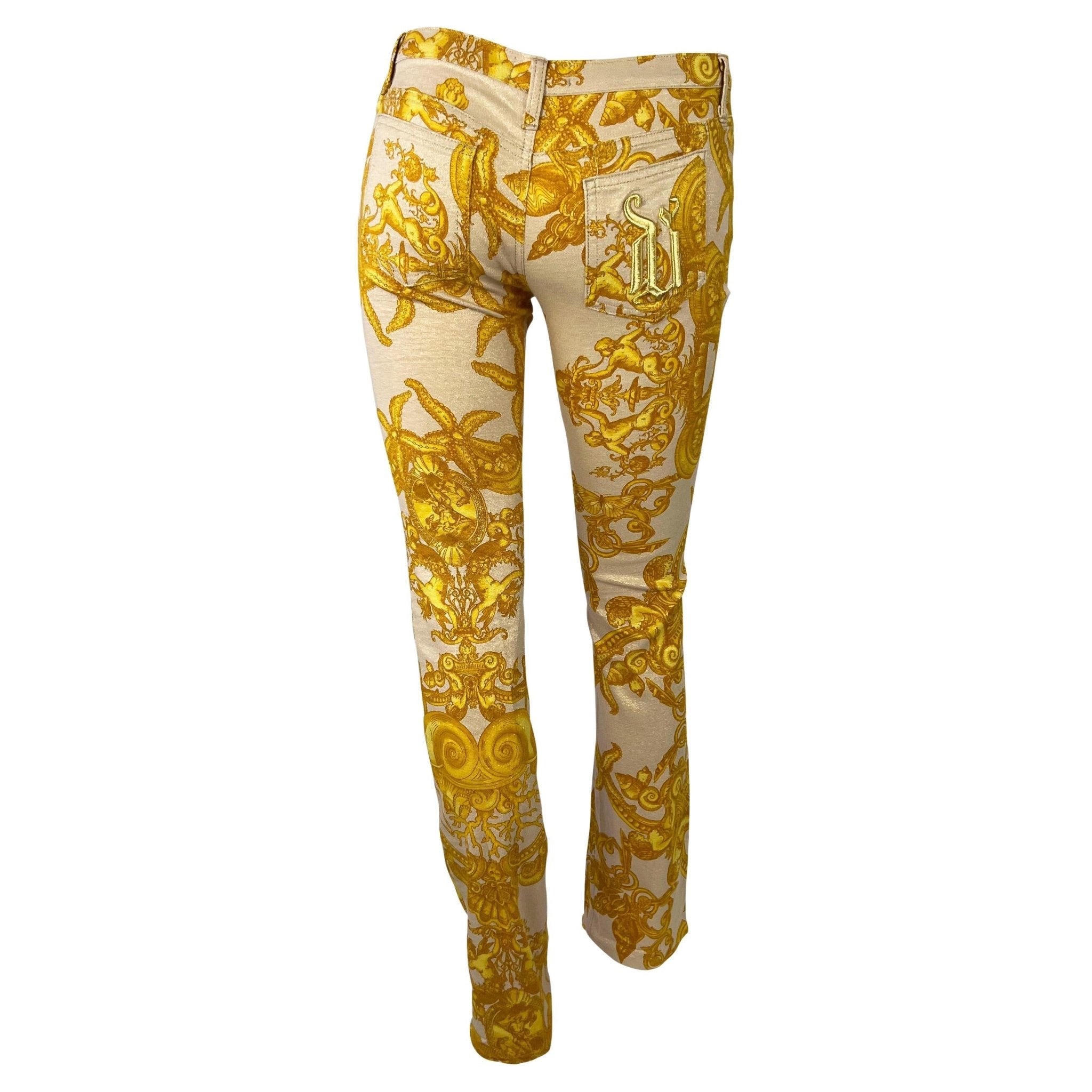 S/S 2005 Versace by Donatella Metallic Gold Tresor la Mer Print Medusa Logo Pants - RealList