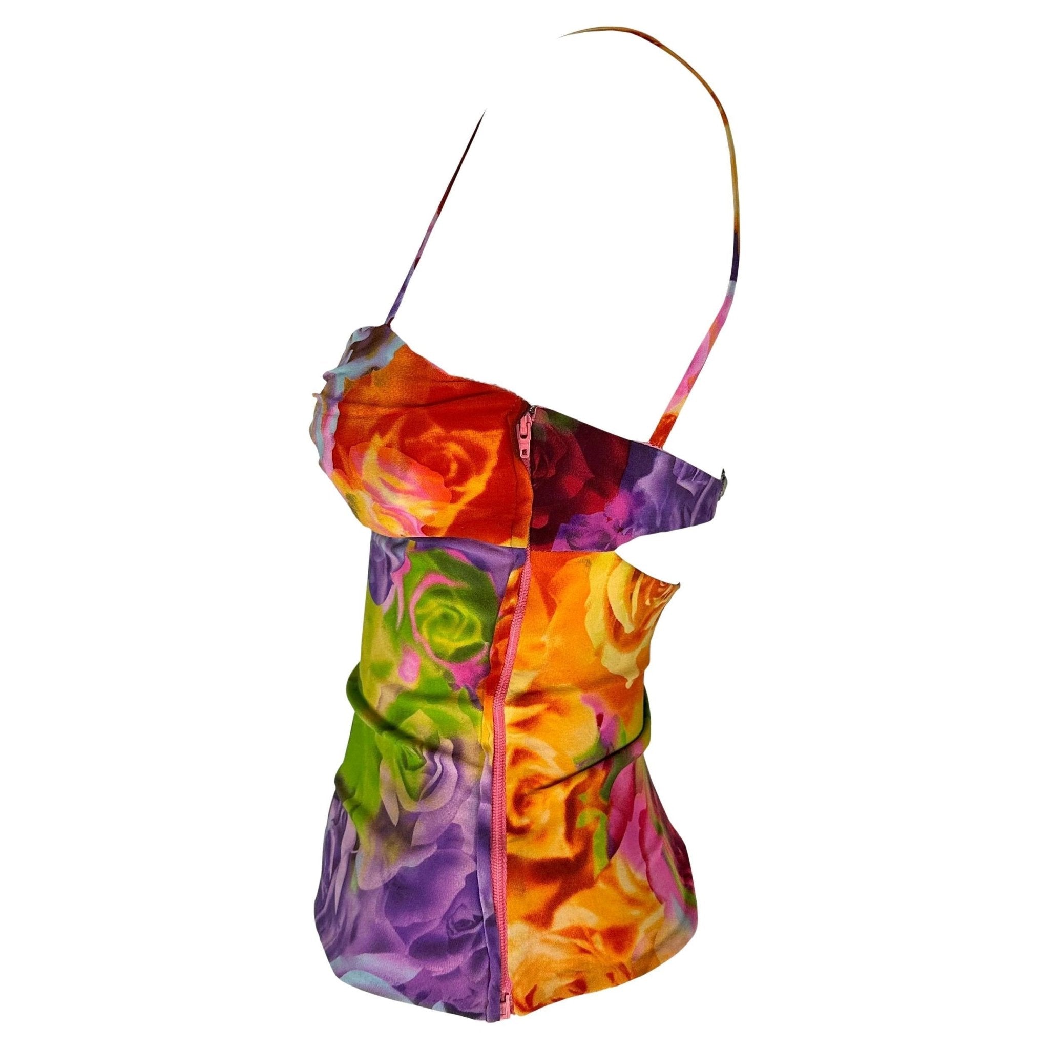 S/S 2005 Versace by Donatella Neon Floral Print Medusa Cutout Bustier Crop Top - RealList