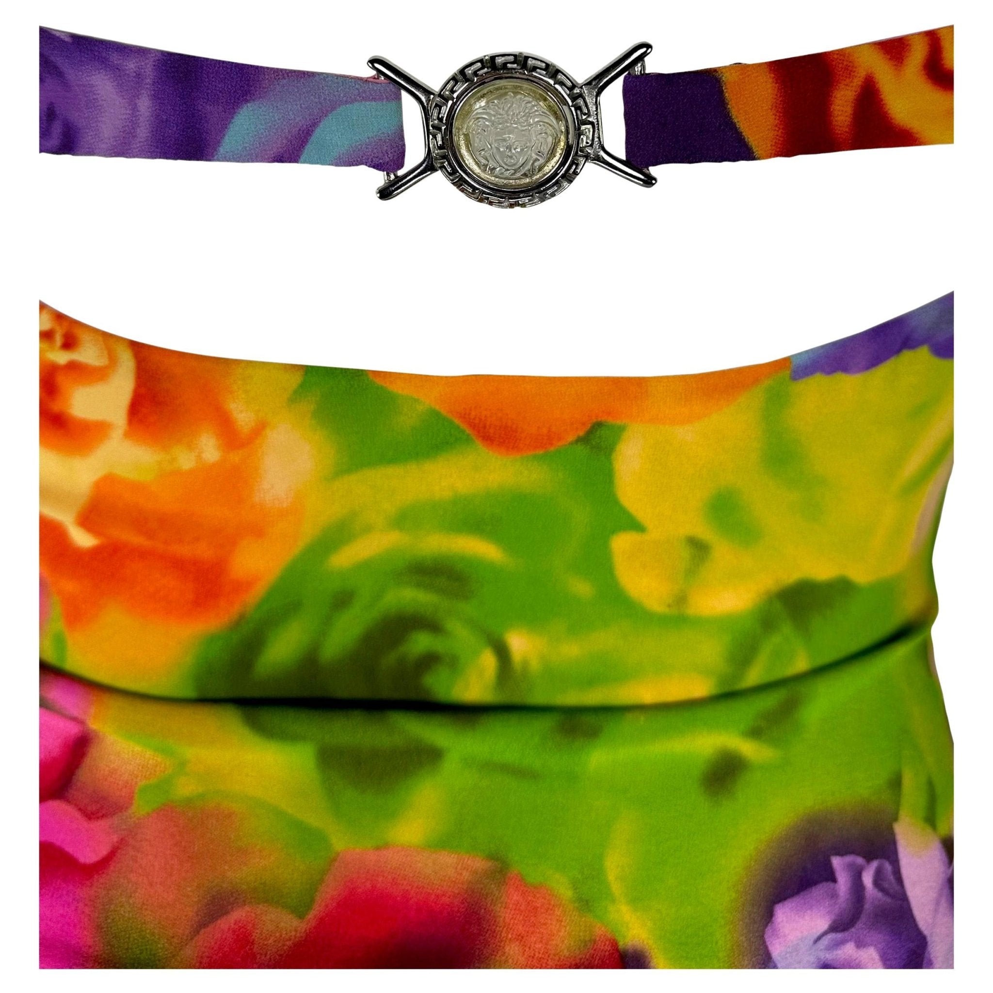 S/S 2005 Versace by Donatella Neon Floral Print Medusa Cutout Bustier Crop Top - RealList