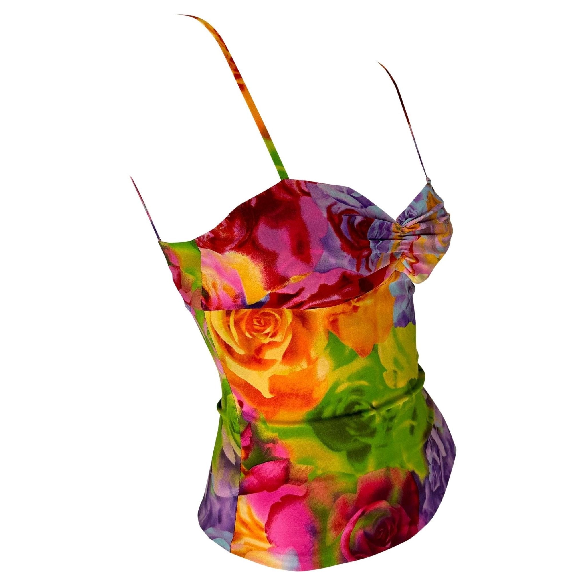 S/S 2005 Versace by Donatella Neon Floral Print Medusa Cutout Bustier Crop Top - RealList
