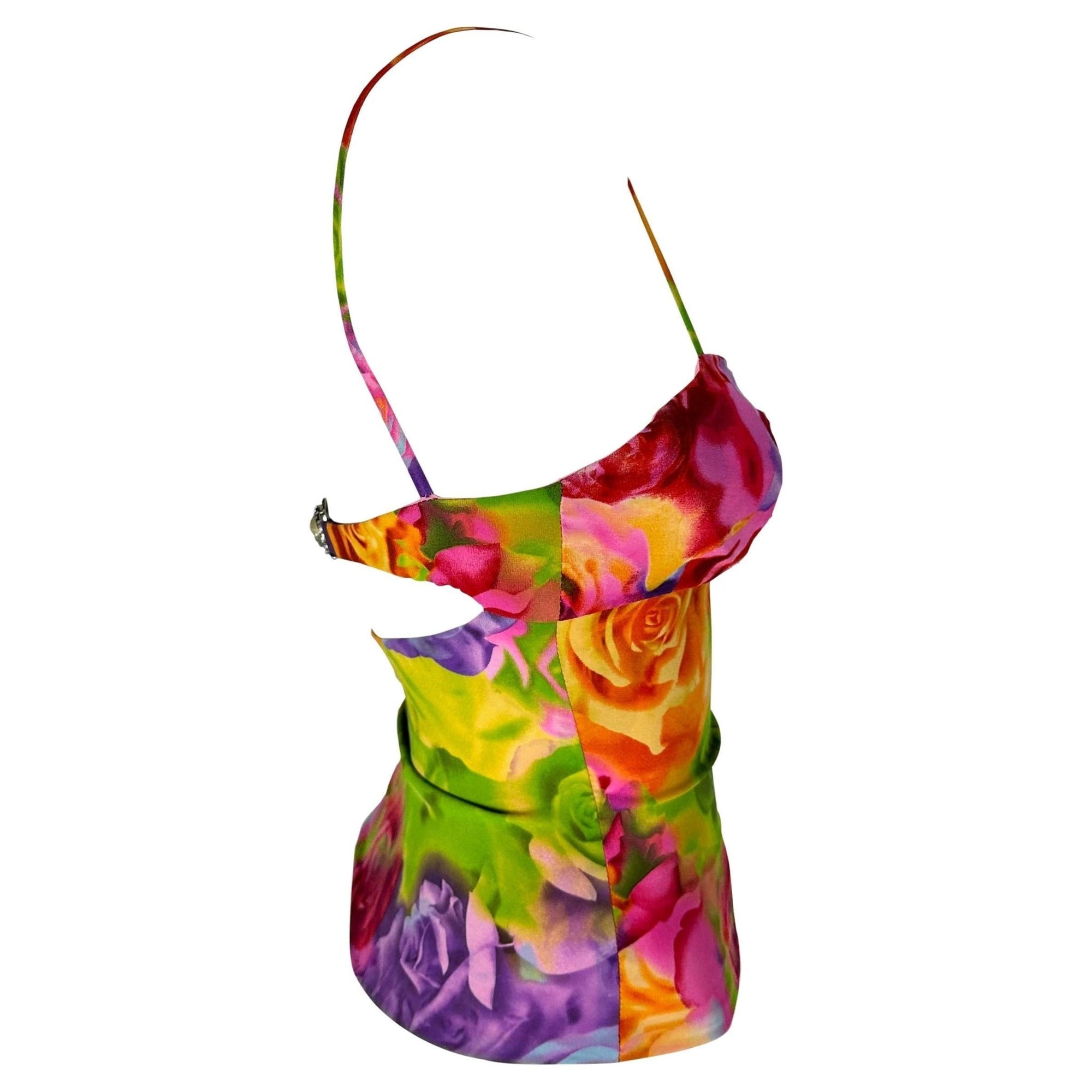 S/S 2005 Versace by Donatella Neon Floral Print Medusa Cutout Bustier Crop Top - RealList